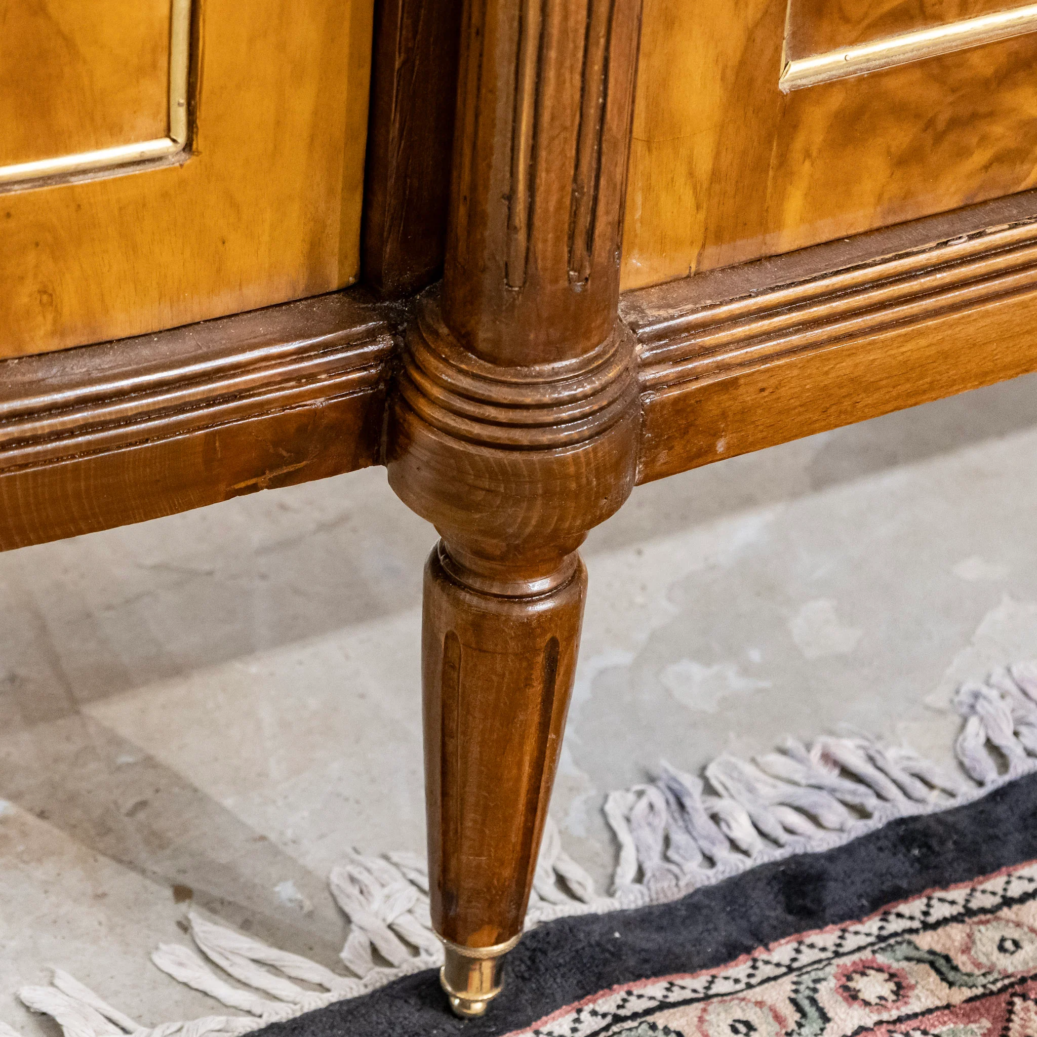 Louis XVI Dark Burl Wood Demilune Sideboard With White Marble Top - Image 10