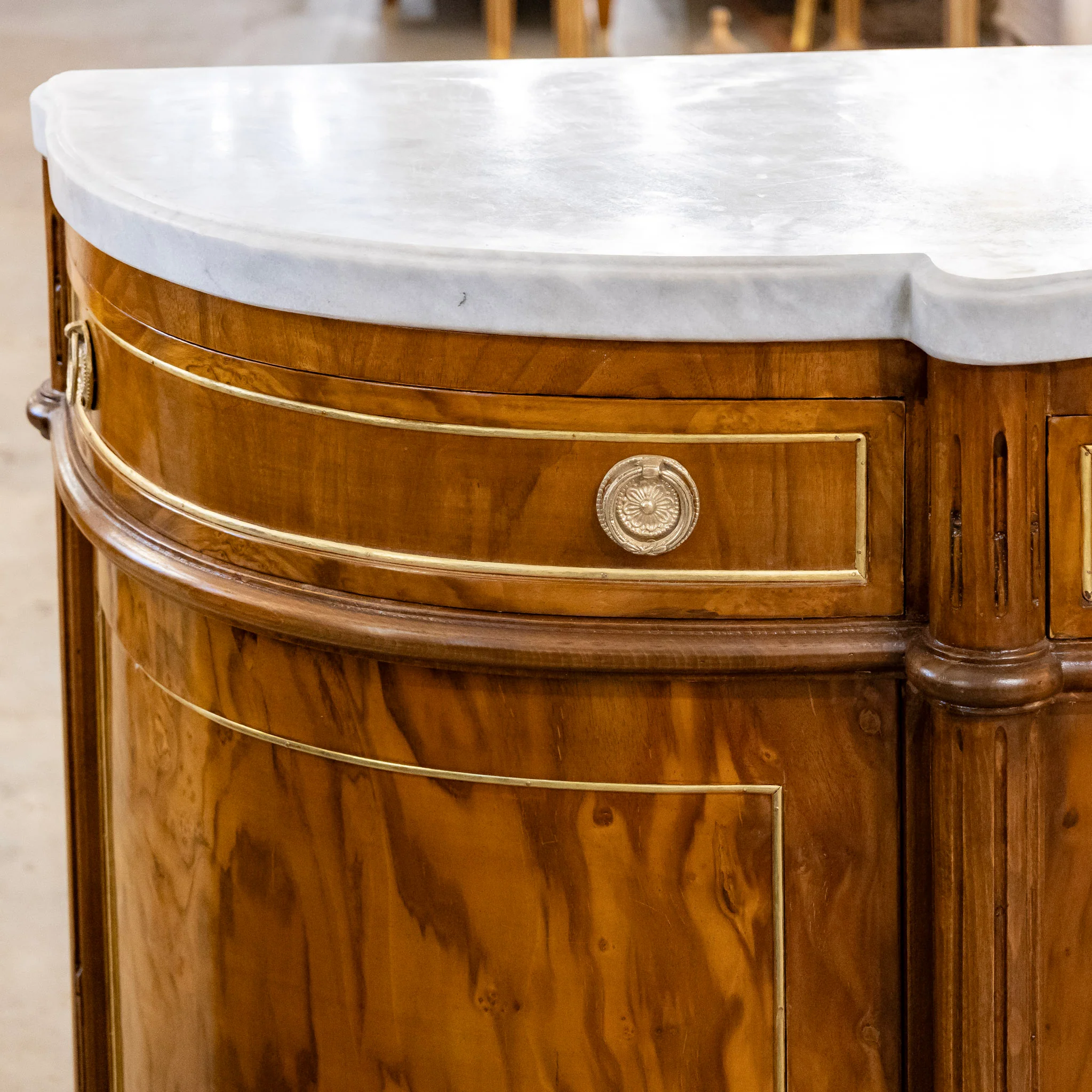 Louis XVI Dark Burl Wood Demilune Sideboard With White Marble Top - Image 11