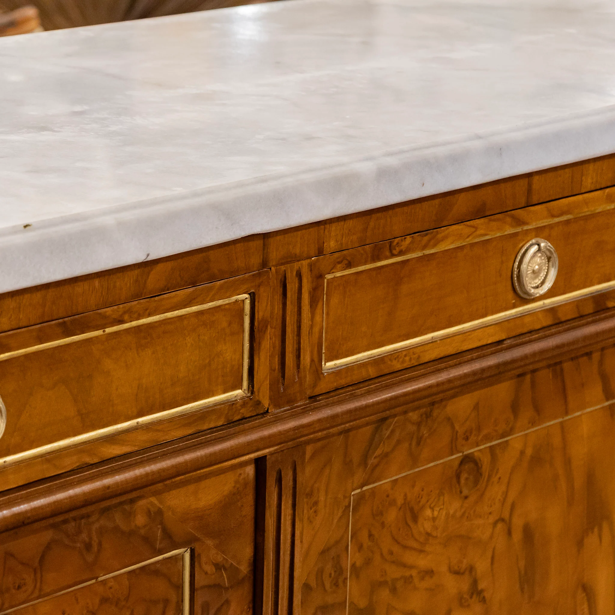 Louis XVI Dark Burl Wood Demilune Sideboard With White Marble Top - Image 12