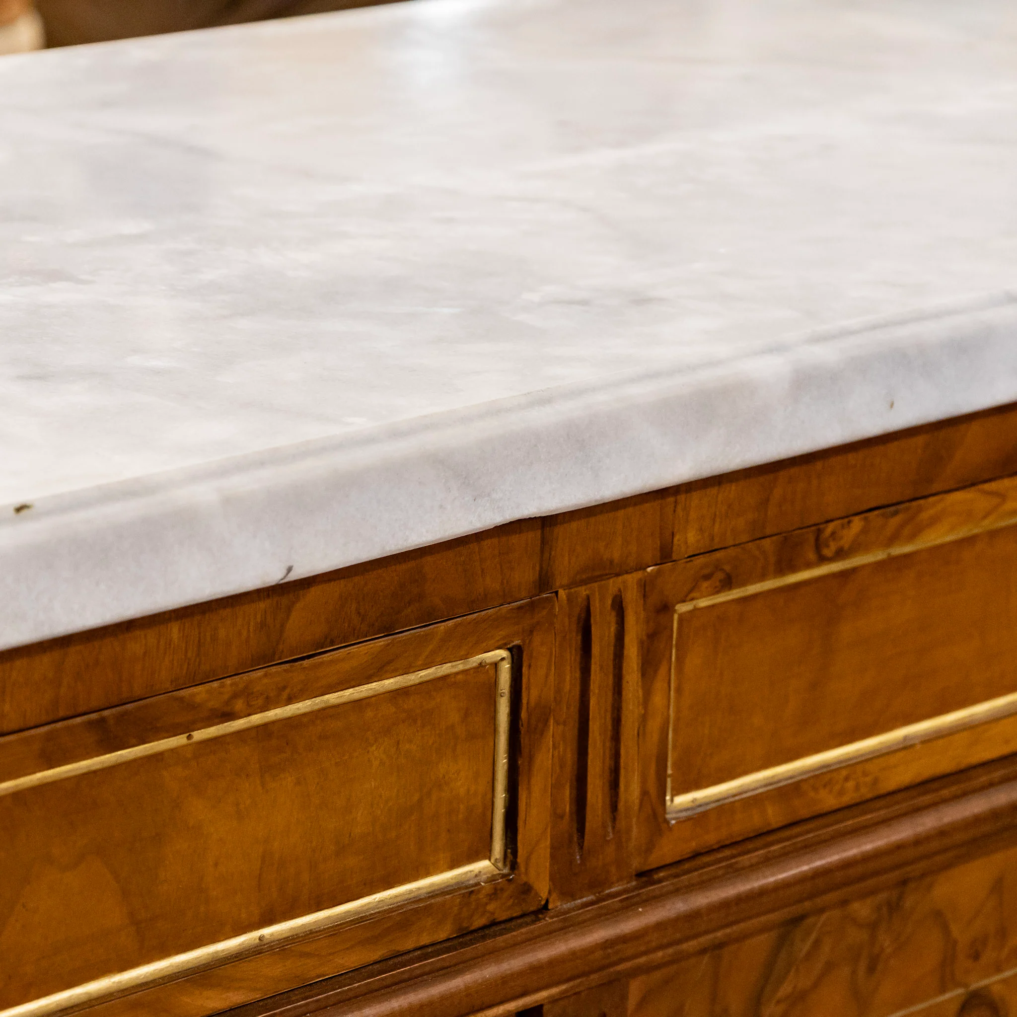 Louis XVI Dark Burl Wood Demilune Sideboard With White Marble Top - Image 13