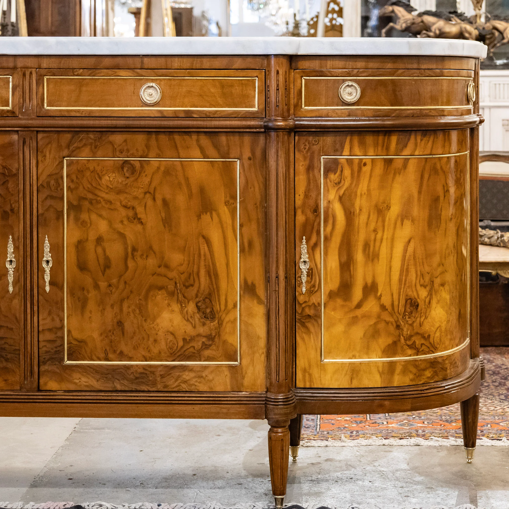 Louis XVI Dark Burl Wood Demilune Sideboard With White Marble Top - Image 2