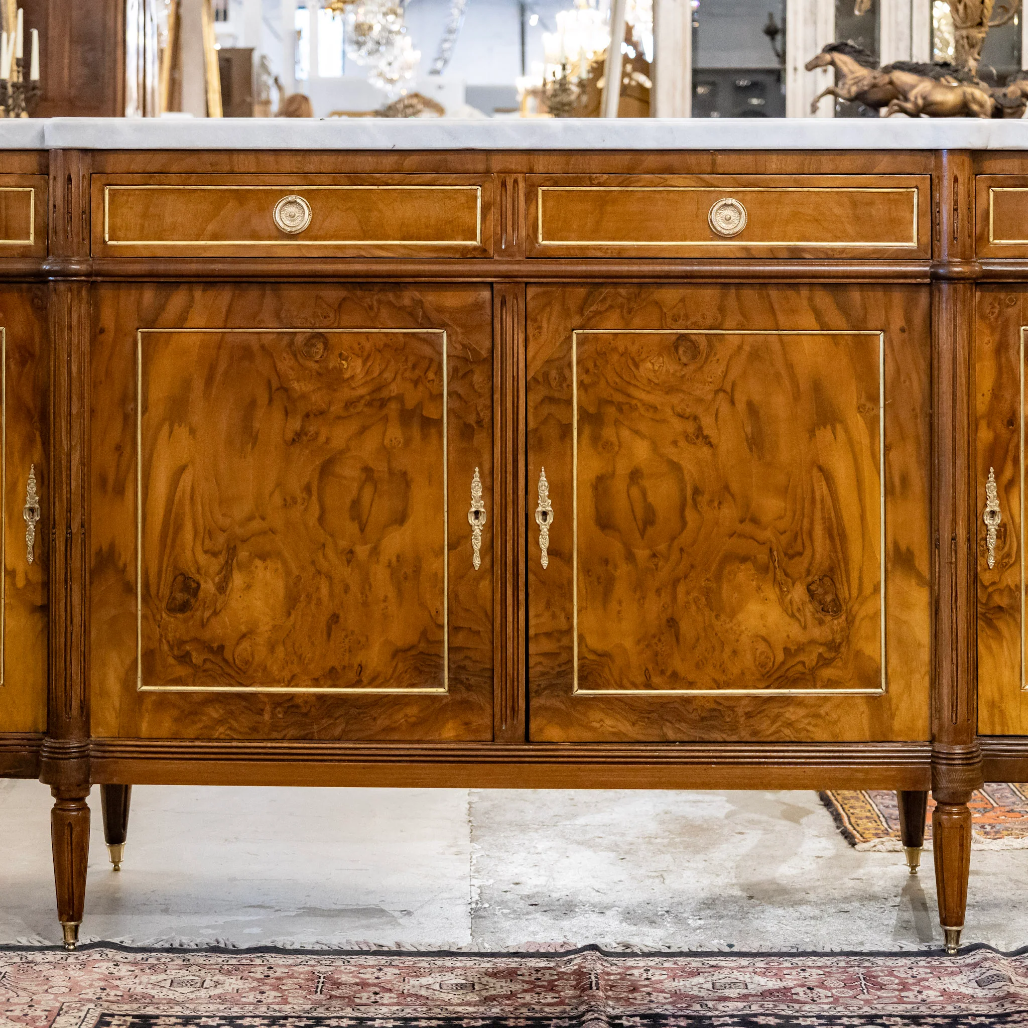 Louis XVI Dark Burl Wood Demilune Sideboard With White Marble Top - Image 3