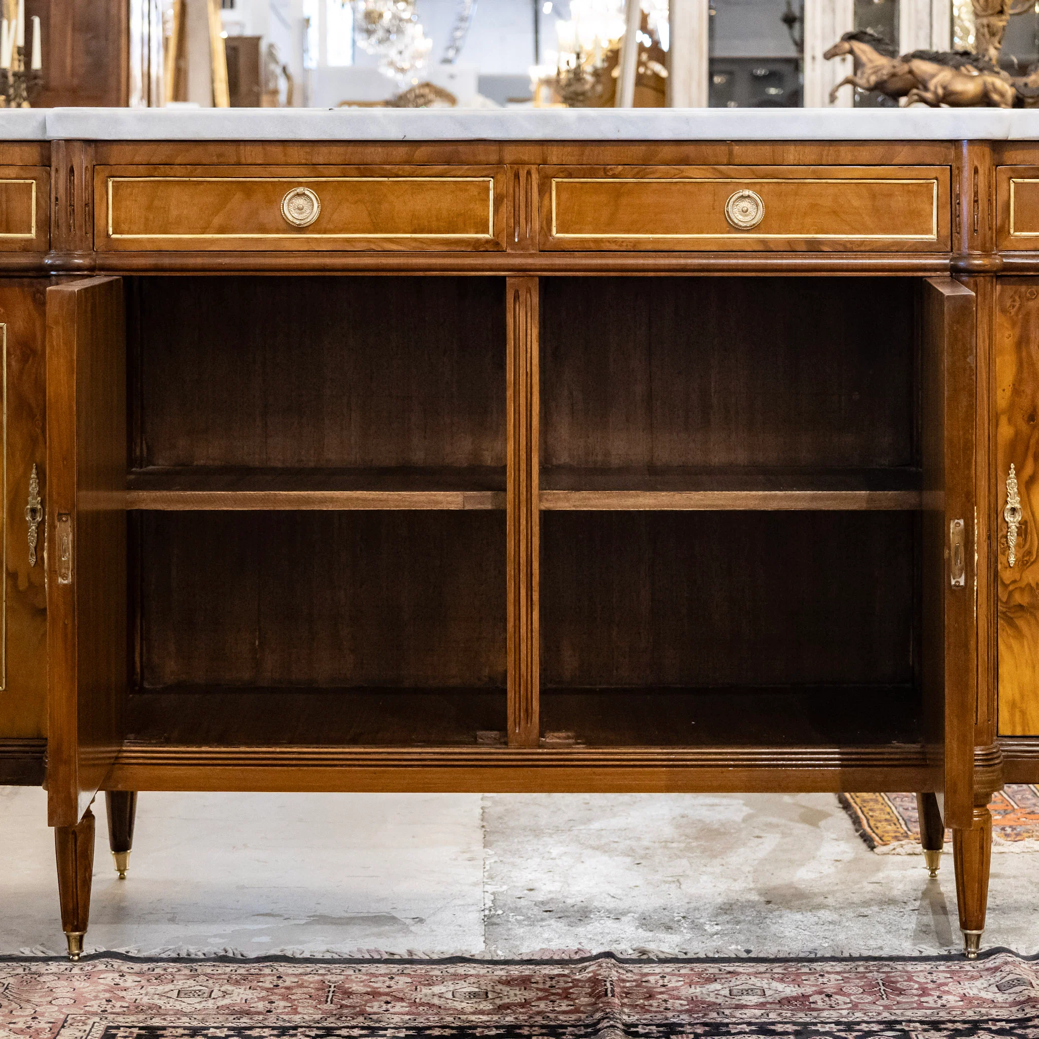 Louis XVI Dark Burl Wood Demilune Sideboard With White Marble Top - Image 4