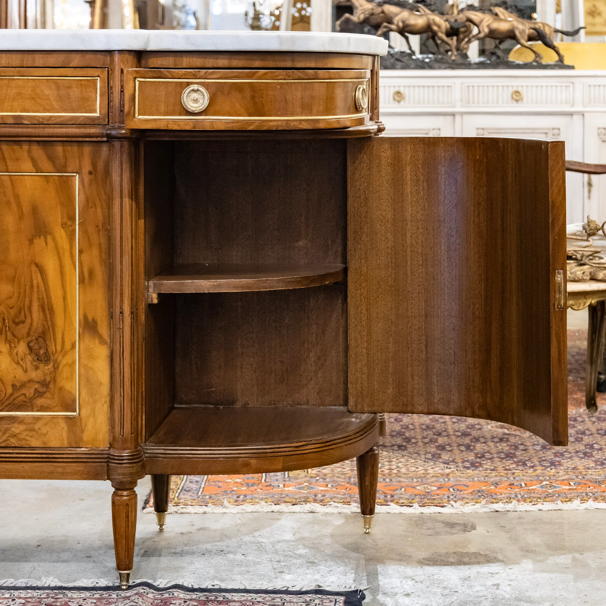 Louis XVI Dark Burl Wood Demilune Sideboard With White Marble Top - Image 5
