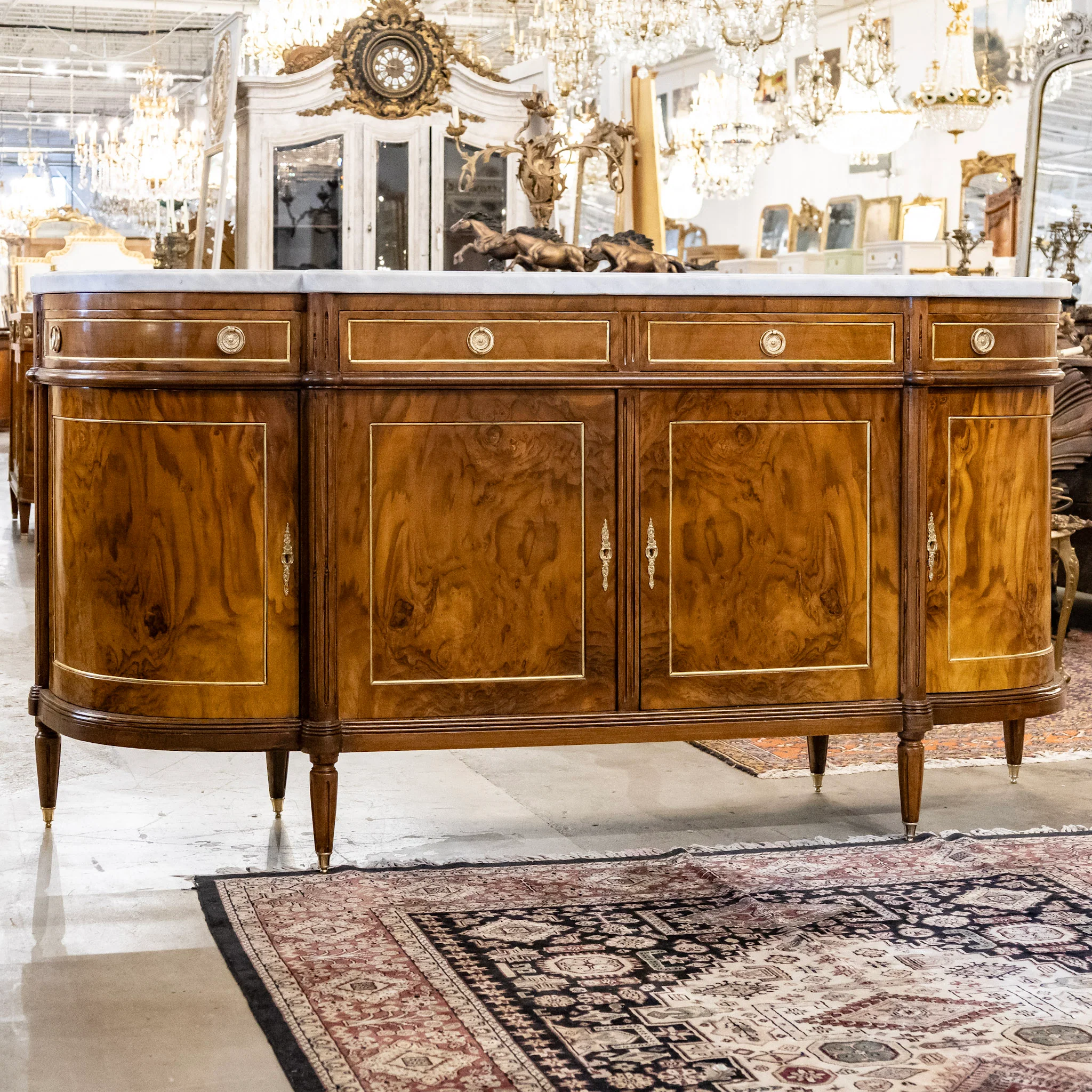 Louis XVI Dark Burl Wood Demilune Sideboard With White Marble Top - Image 6