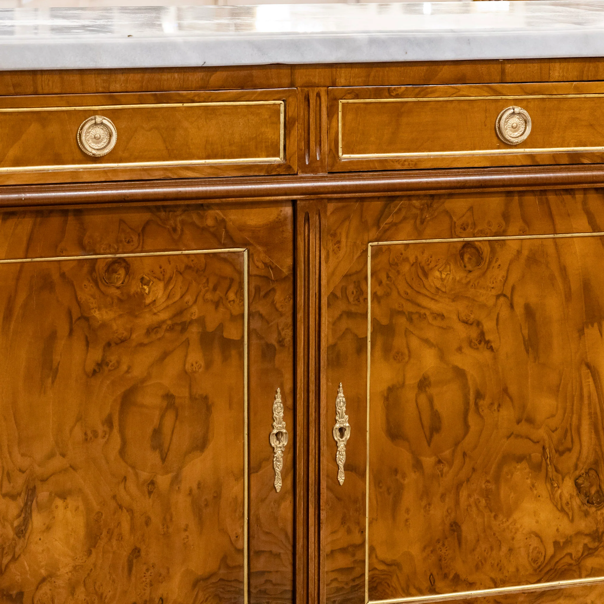 Louis XVI Dark Burl Wood Demilune Sideboard With White Marble Top - Image 7
