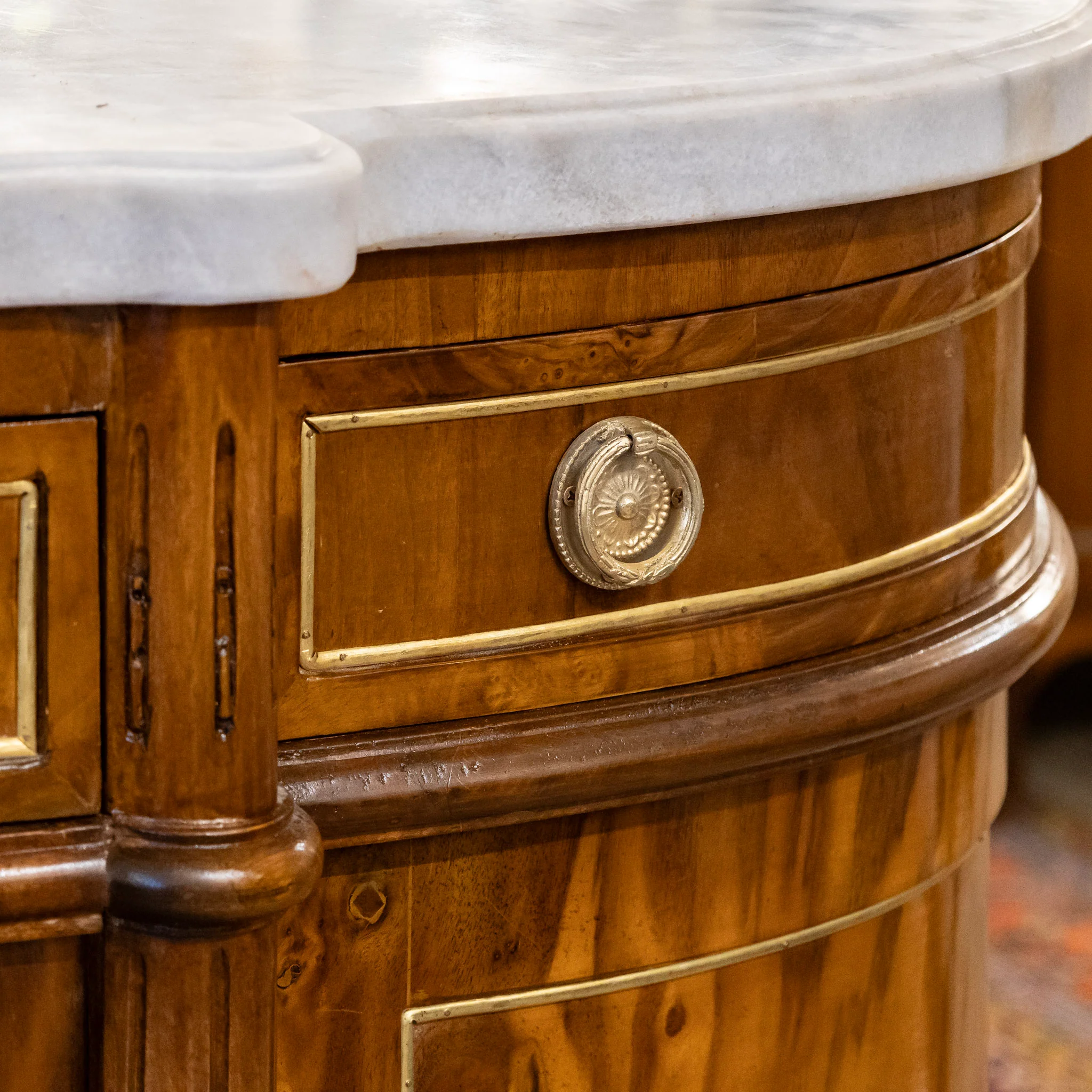 Louis XVI Dark Burl Wood Demilune Sideboard With White Marble Top - Image 9