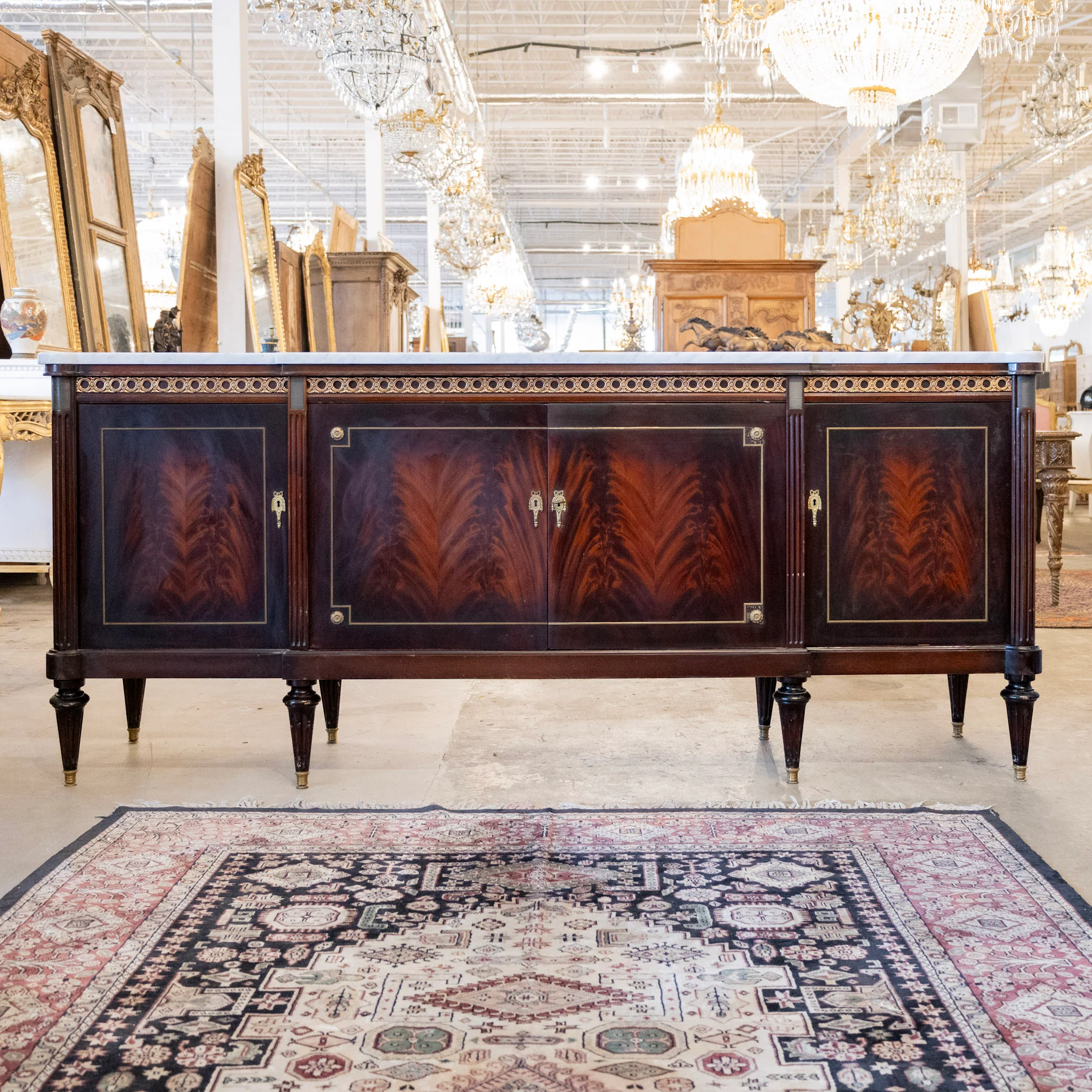Louis XVI Dark Burl Wood Sideboard – Brass Inlay & White Marble Top