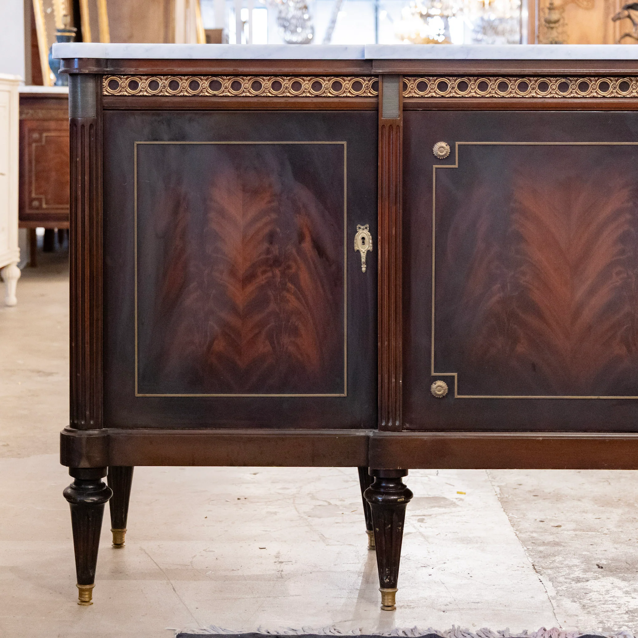 Louis XVI Dark Burl Wood Sideboard – Brass Inlay & White Marble Top - Image 2
