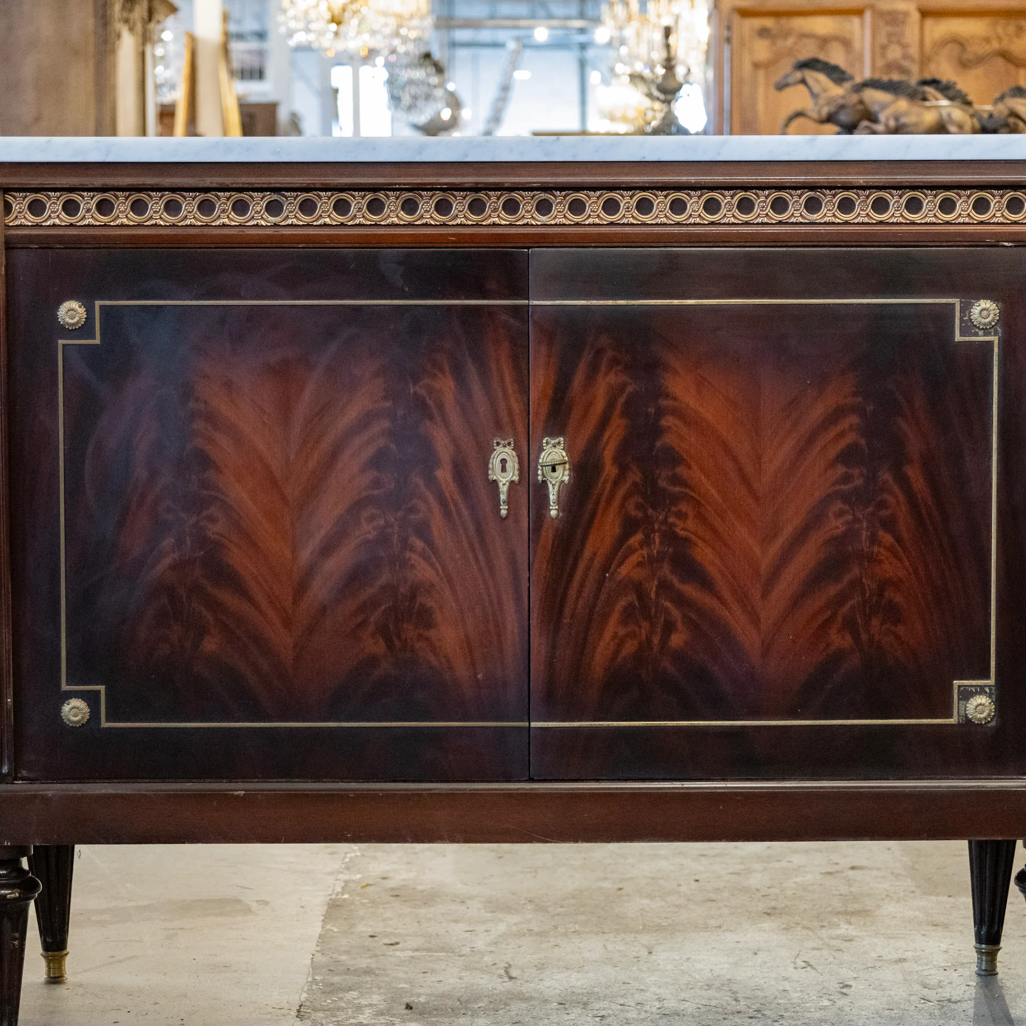 Louis XVI Dark Burl Wood Sideboard – Brass Inlay & White Marble Top - Image 3
