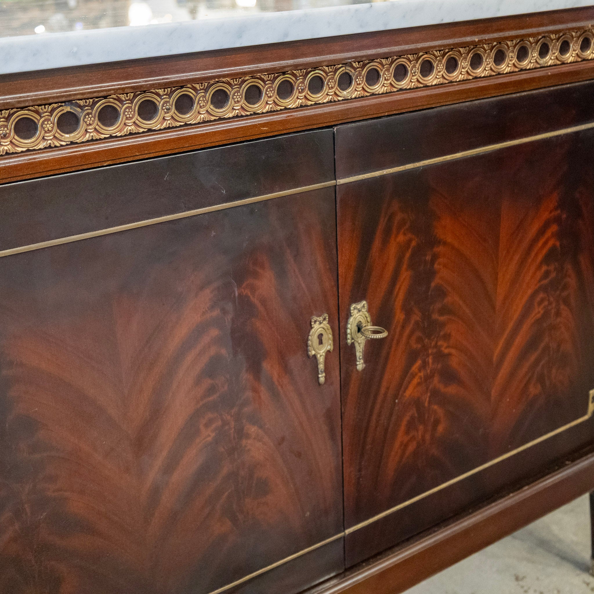 Louis XVI Dark Burl Wood Sideboard – Brass Inlay & White Marble Top - Image 4