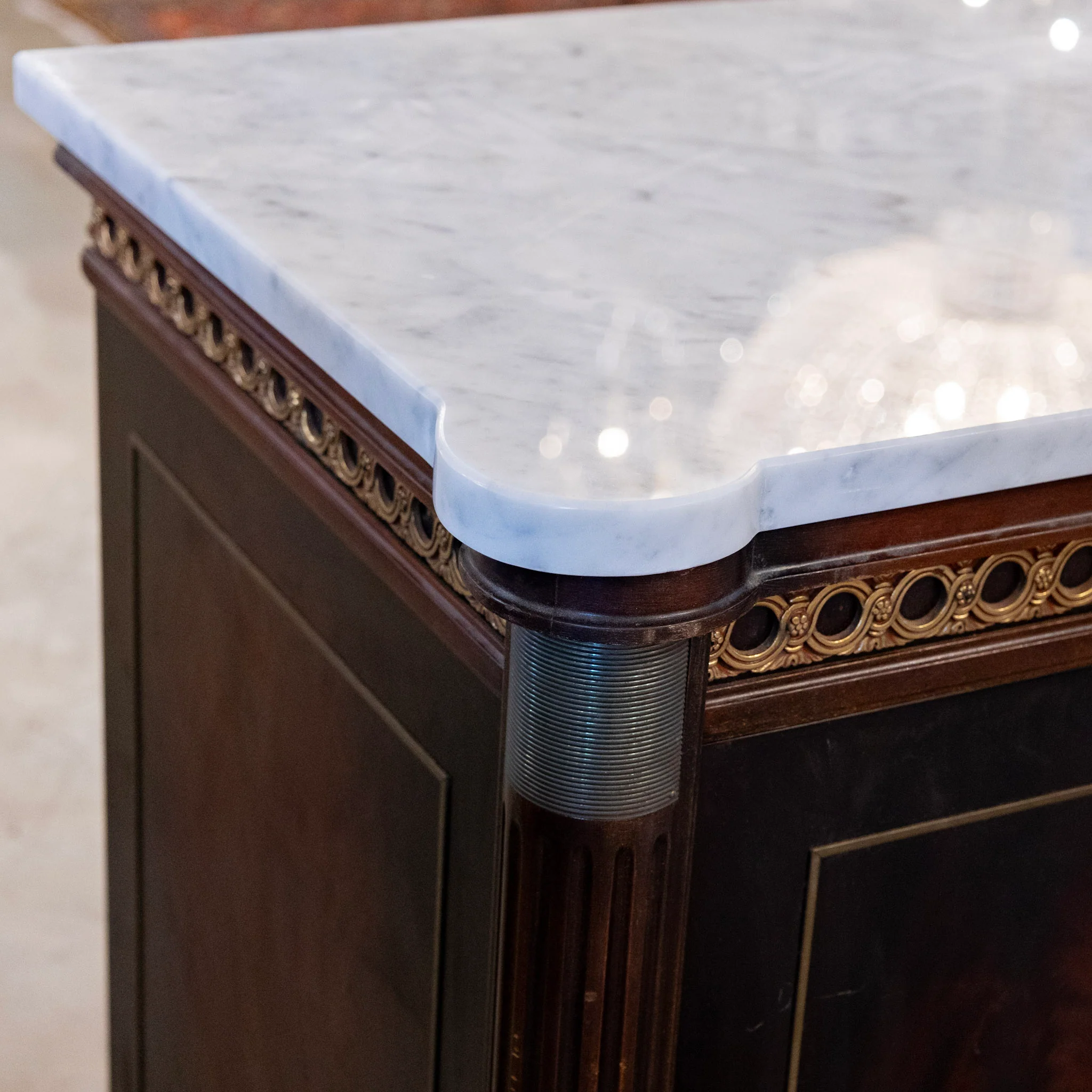 Louis XVI Dark Burl Wood Sideboard – Brass Inlay & White Marble Top - Image 5