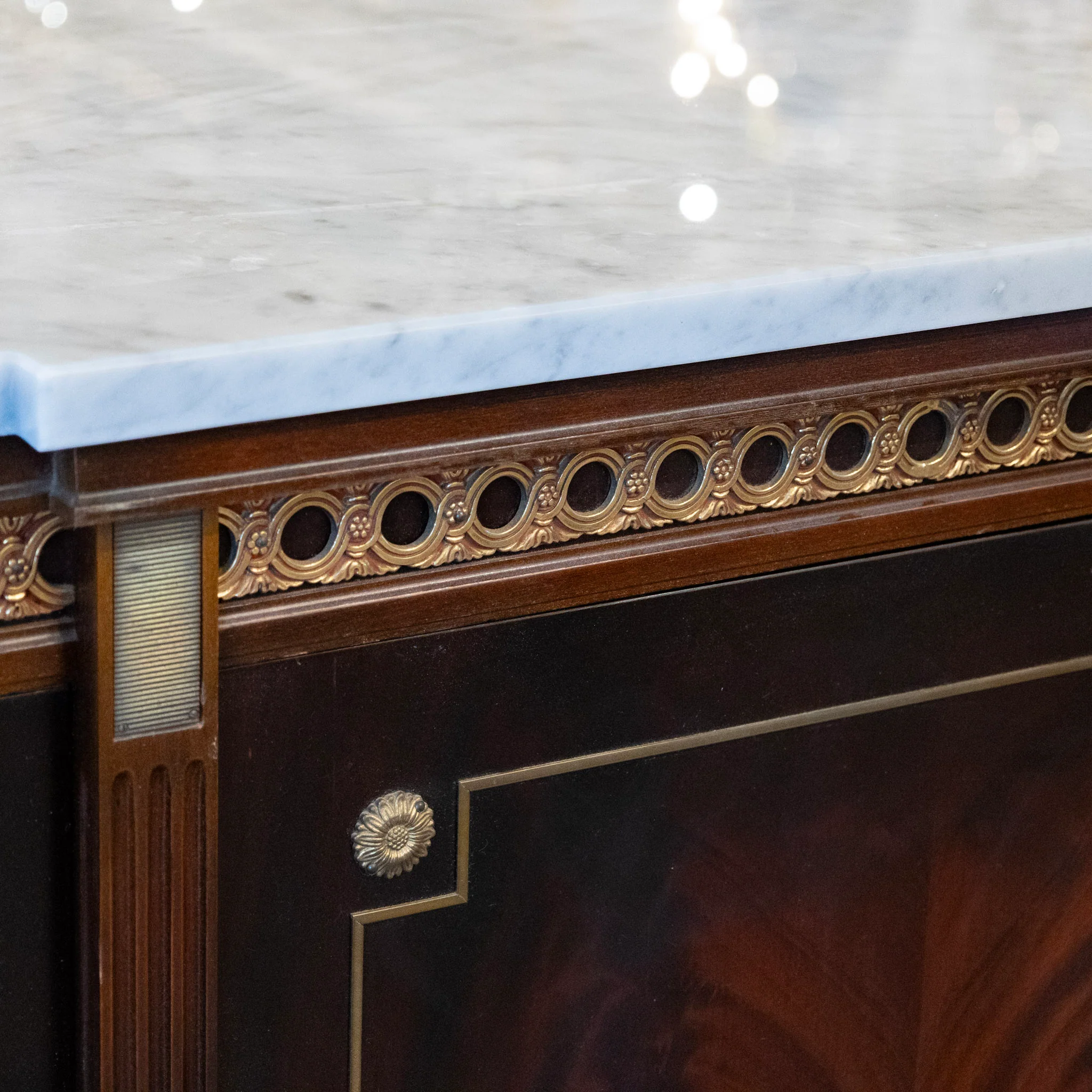 Louis XVI Dark Burl Wood Sideboard – Brass Inlay & White Marble Top - Image 7