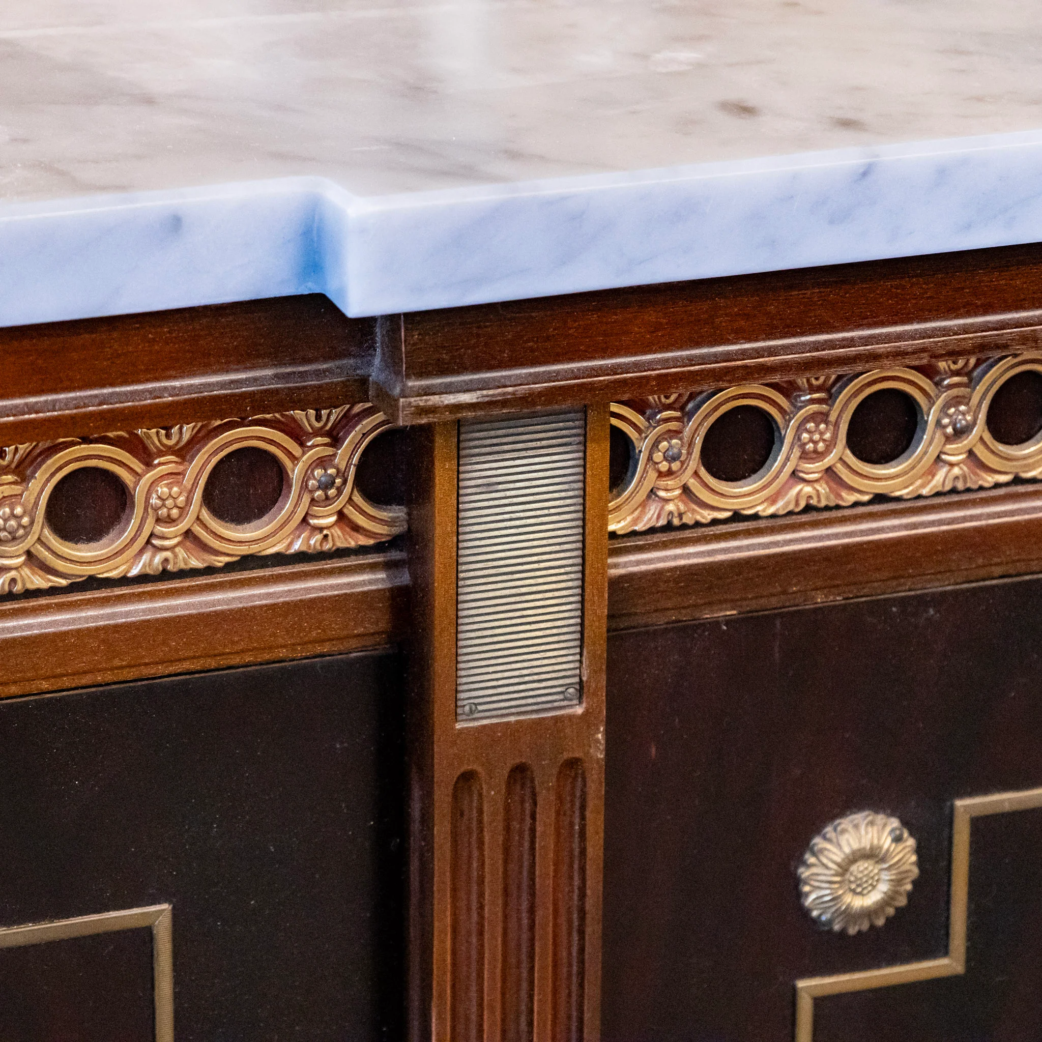 Louis XVI Dark Burl Wood Sideboard – Brass Inlay & White Marble Top - Image 8