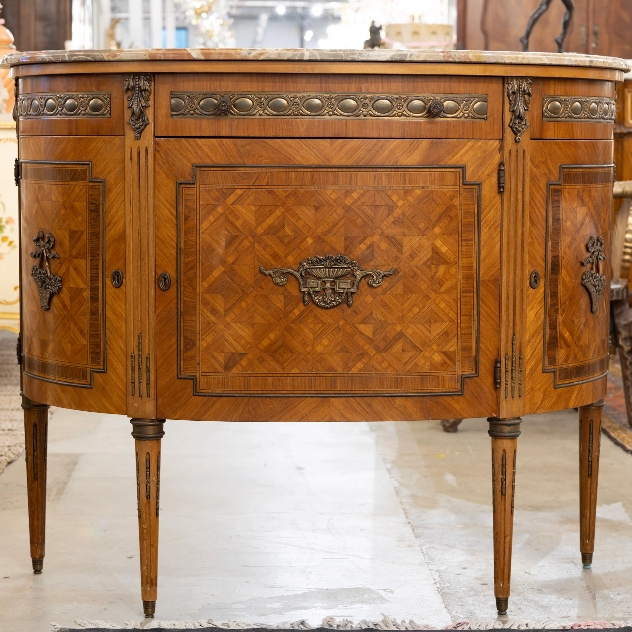 Louis XVI Demilune Buffet – Marquetry Inlay & Marble Top