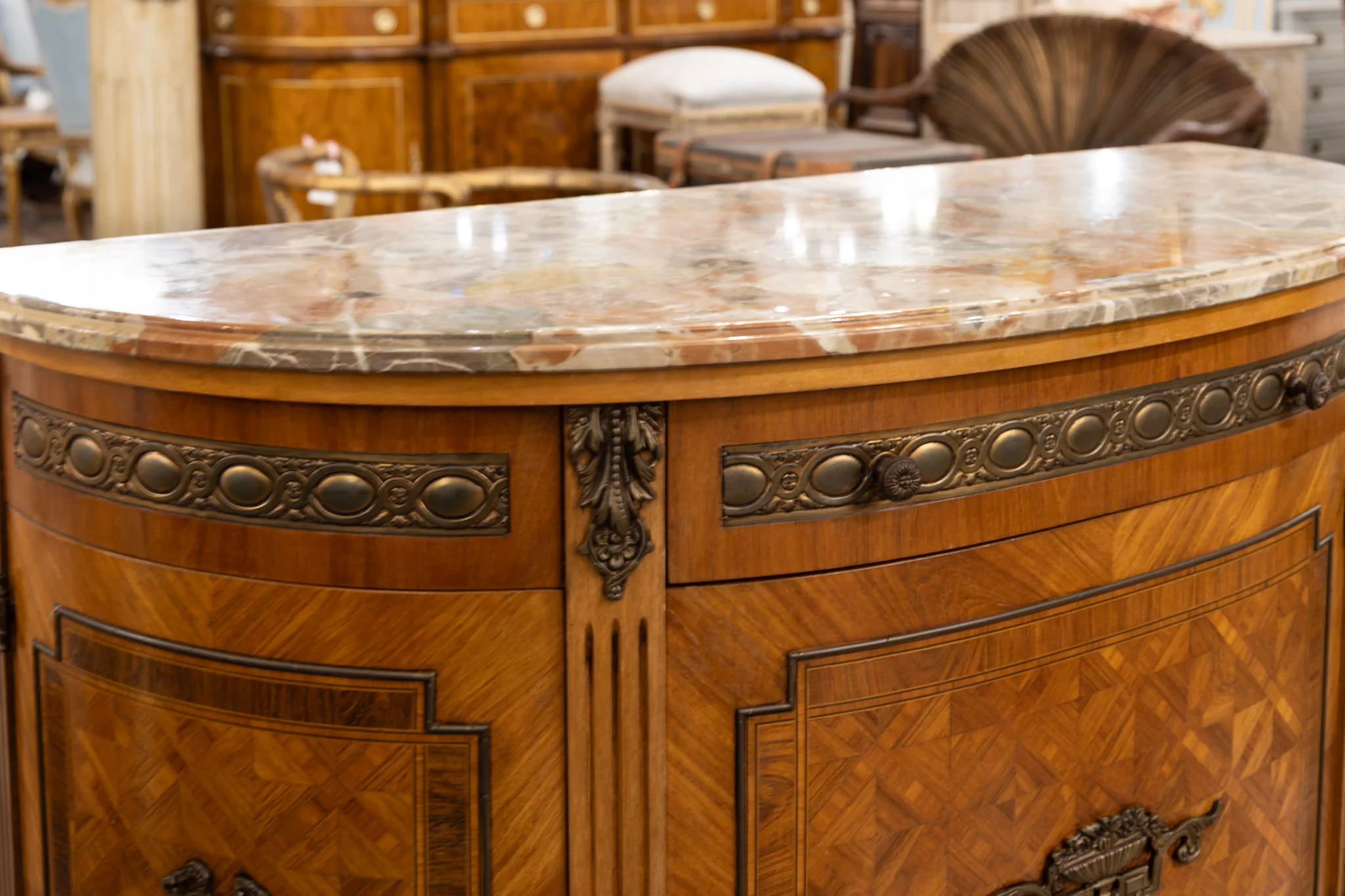 Louis XVI Demilune Buffet – Marquetry Inlay & Marble Top - Image 10