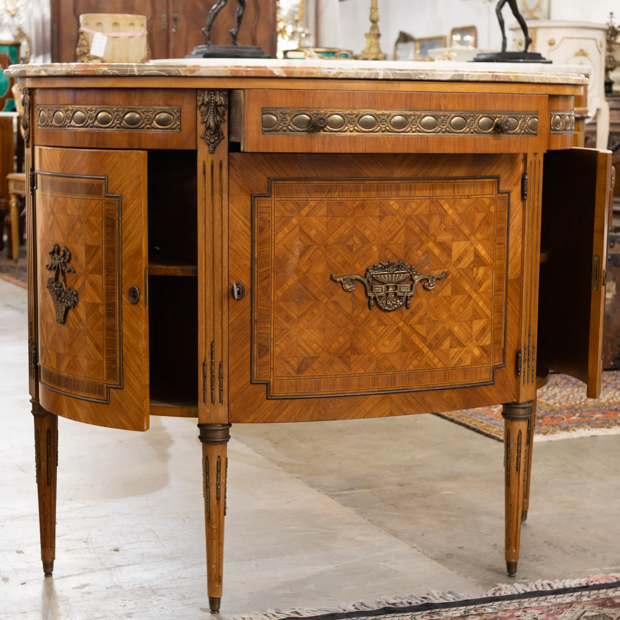 Louis XVI Demilune Buffet – Marquetry Inlay & Marble Top - Image 2