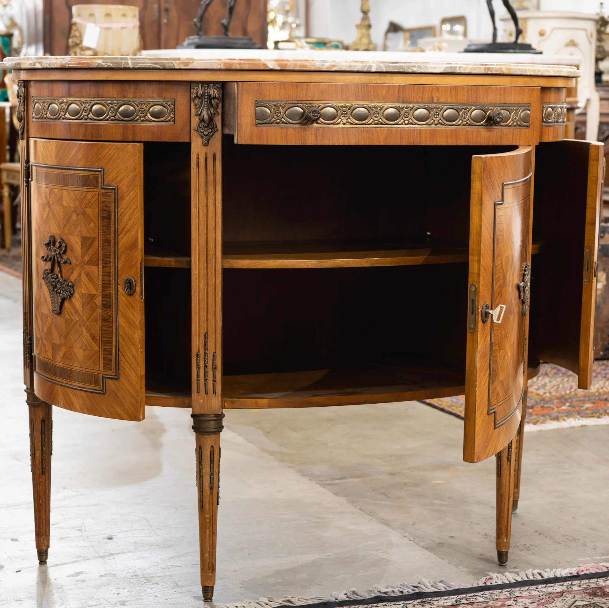 Louis XVI Demilune Buffet – Marquetry Inlay & Marble Top - Image 3