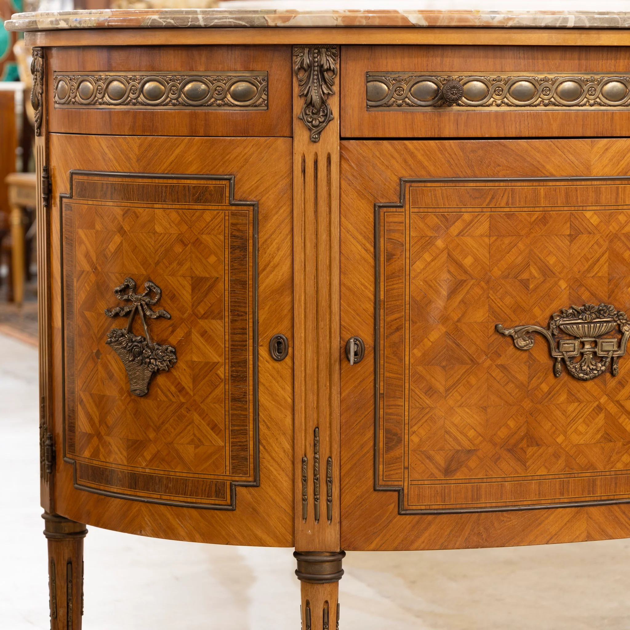 Louis XVI Demilune Buffet – Marquetry Inlay & Marble Top - Image 4