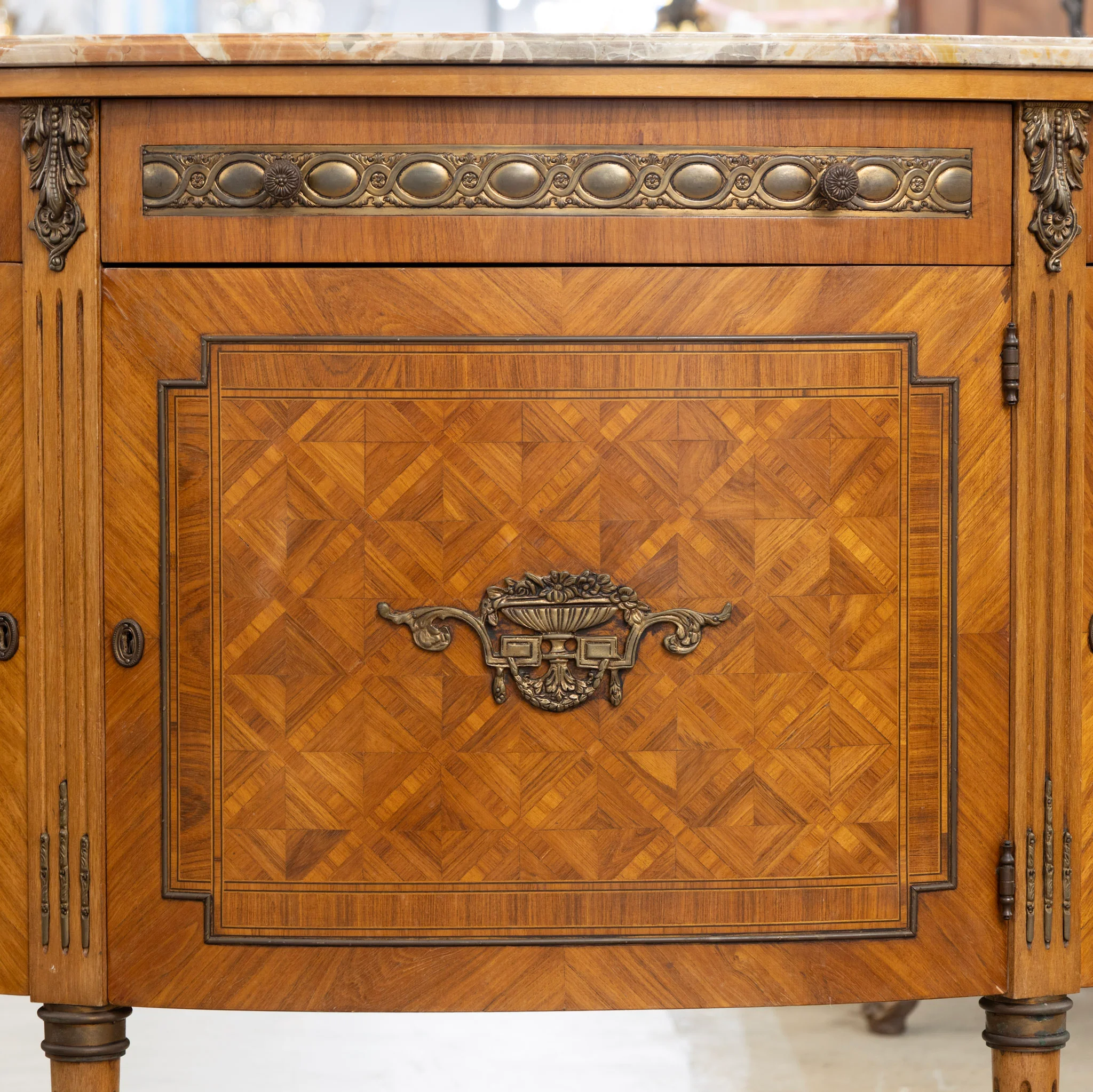 Louis XVI Demilune Buffet – Marquetry Inlay & Marble Top - Image 5