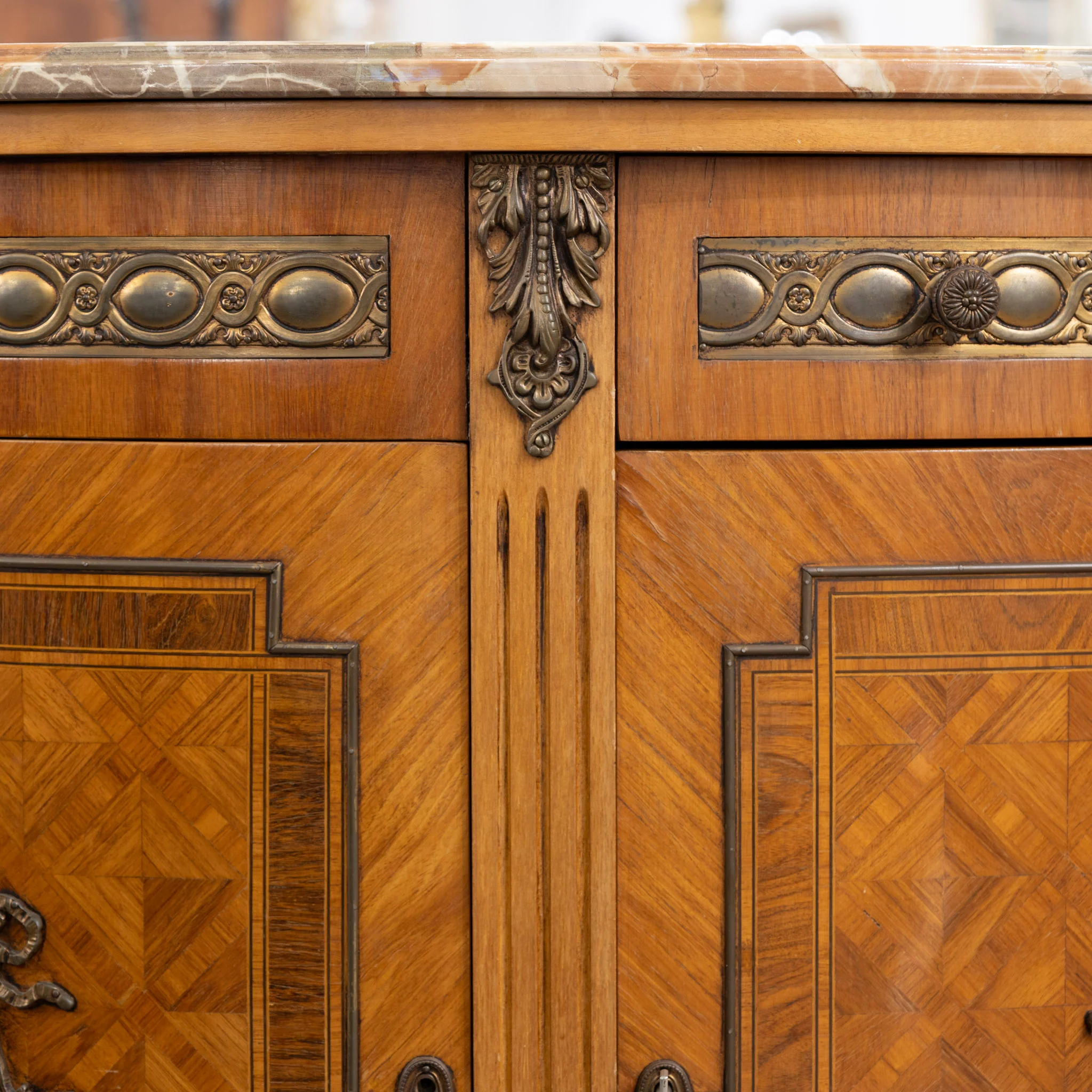 Louis XVI Demilune Buffet – Marquetry Inlay & Marble Top - Image 6
