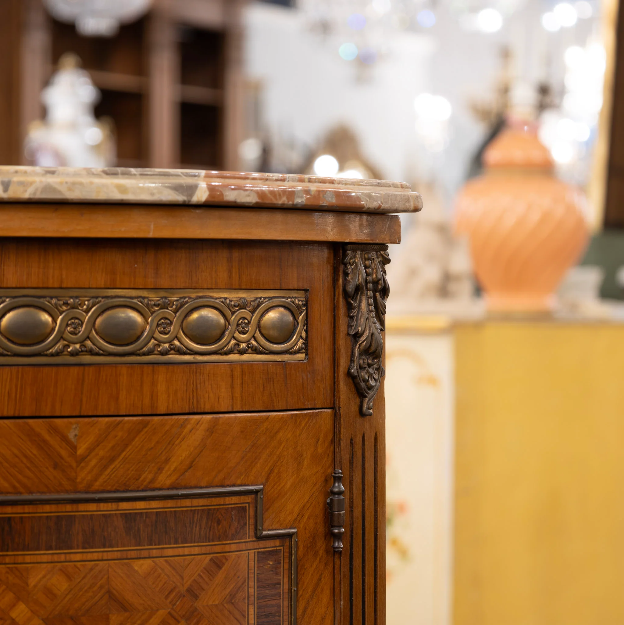 Louis XVI Demilune Buffet – Marquetry Inlay & Marble Top - Image 9