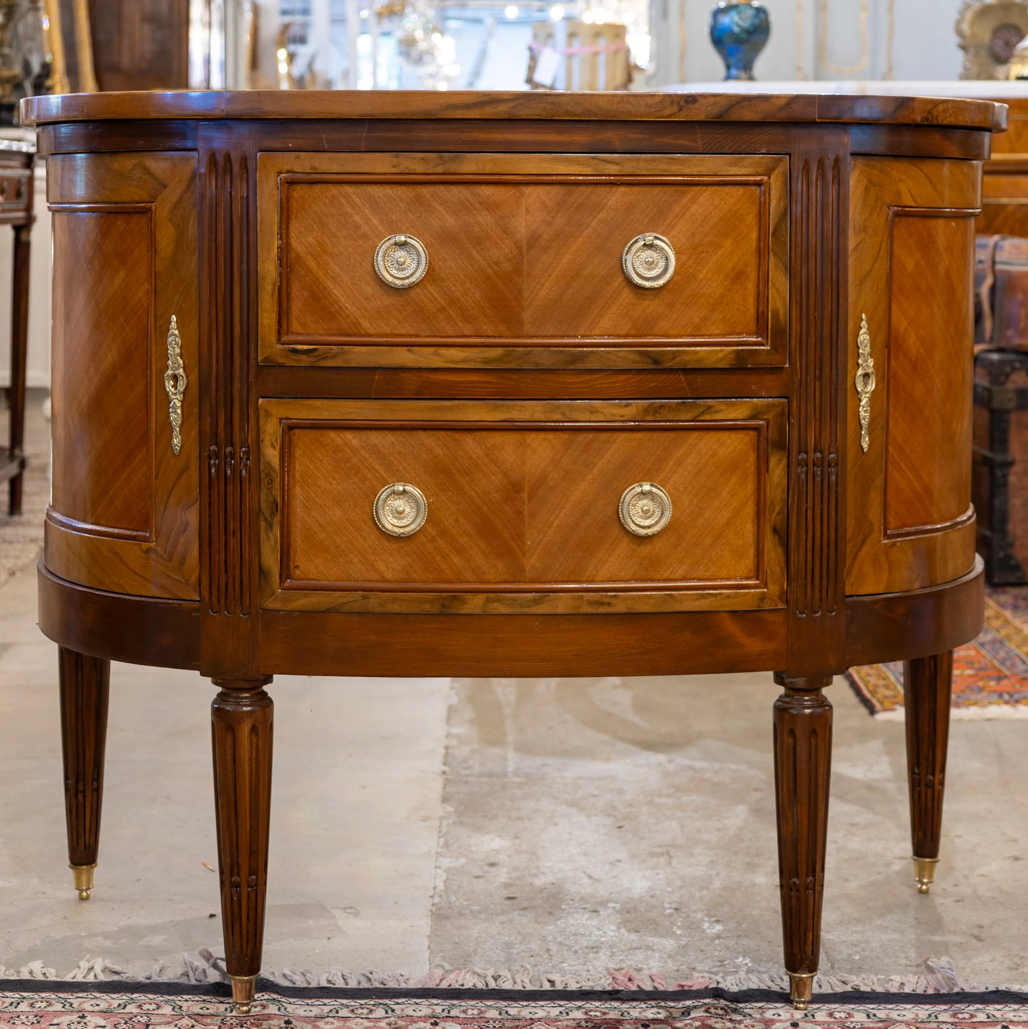 Louis XVI Demilune Chest – Burl Wood with Brass Pulls
