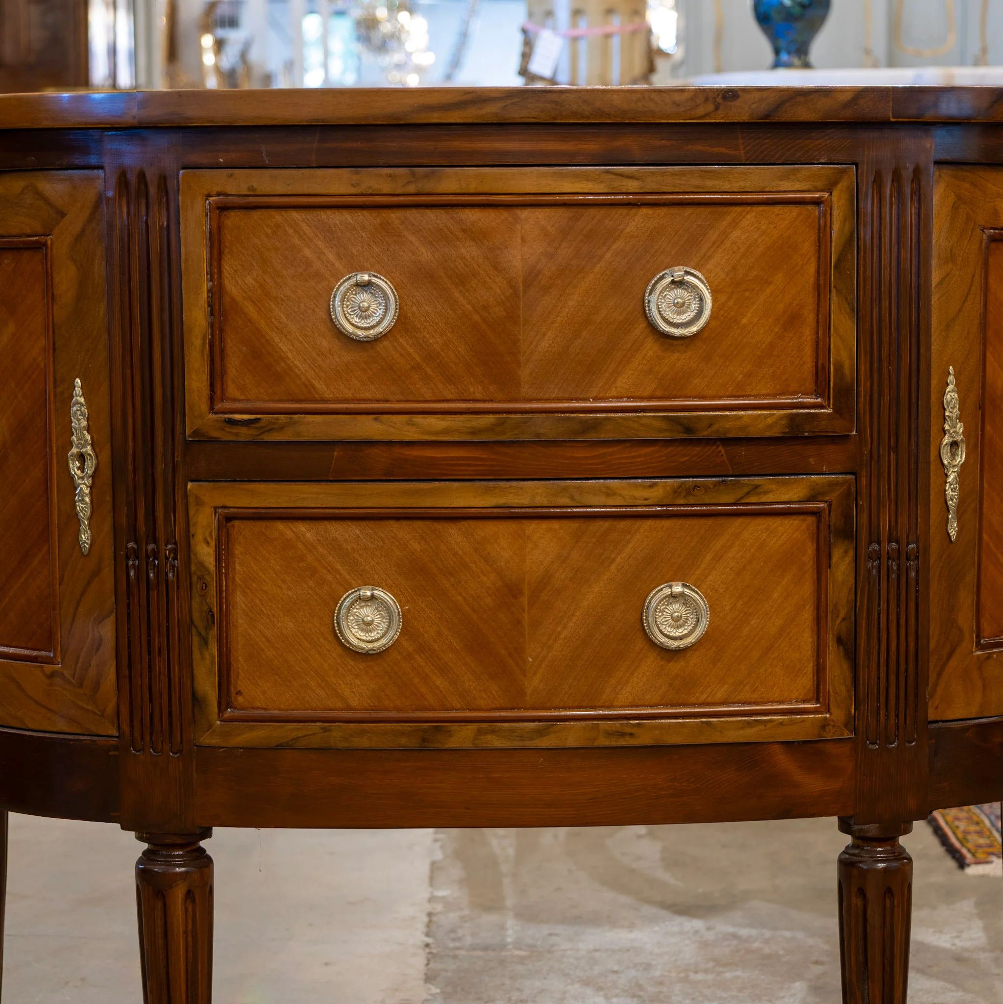 Louis XVI Demilune Chest – Burl Wood with Brass Pulls - Image 2