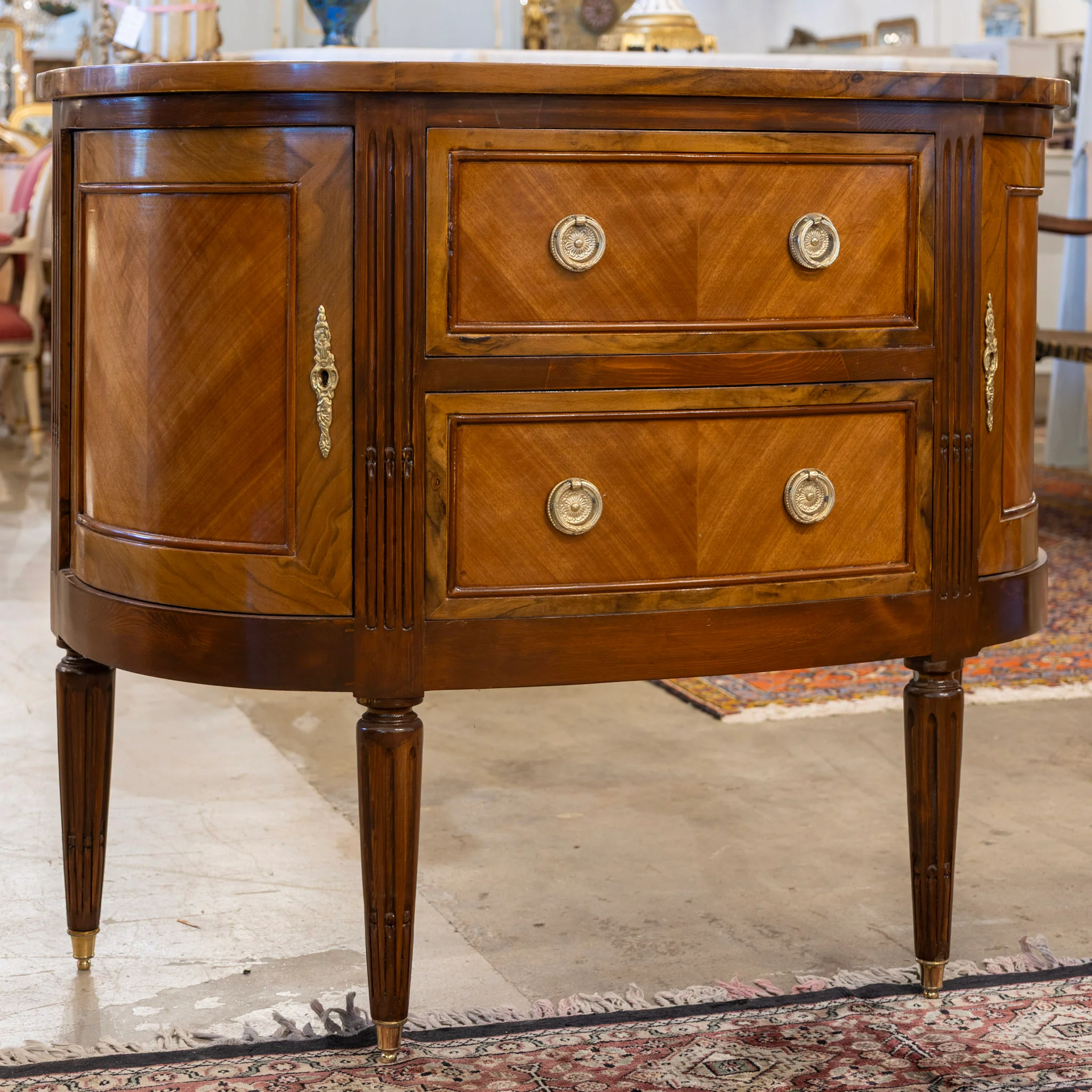 Louis XVI Demilune Chest – Burl Wood with Brass Pulls - Image 3