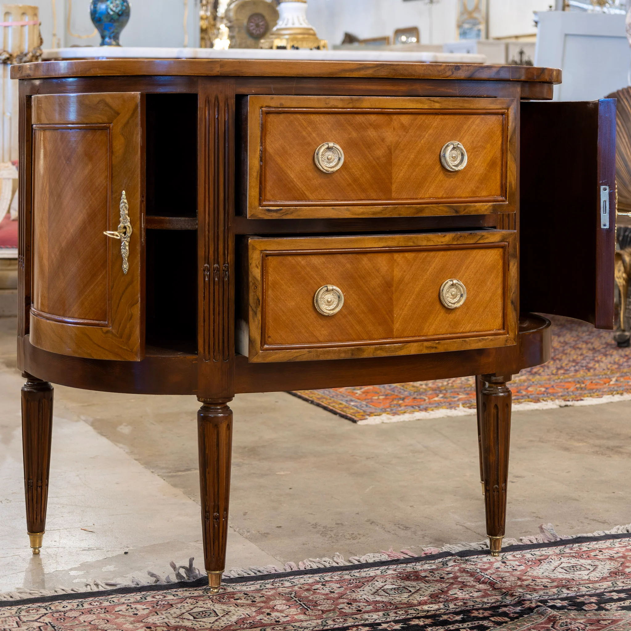 Louis XVI Demilune Chest – Burl Wood with Brass Pulls - Image 4