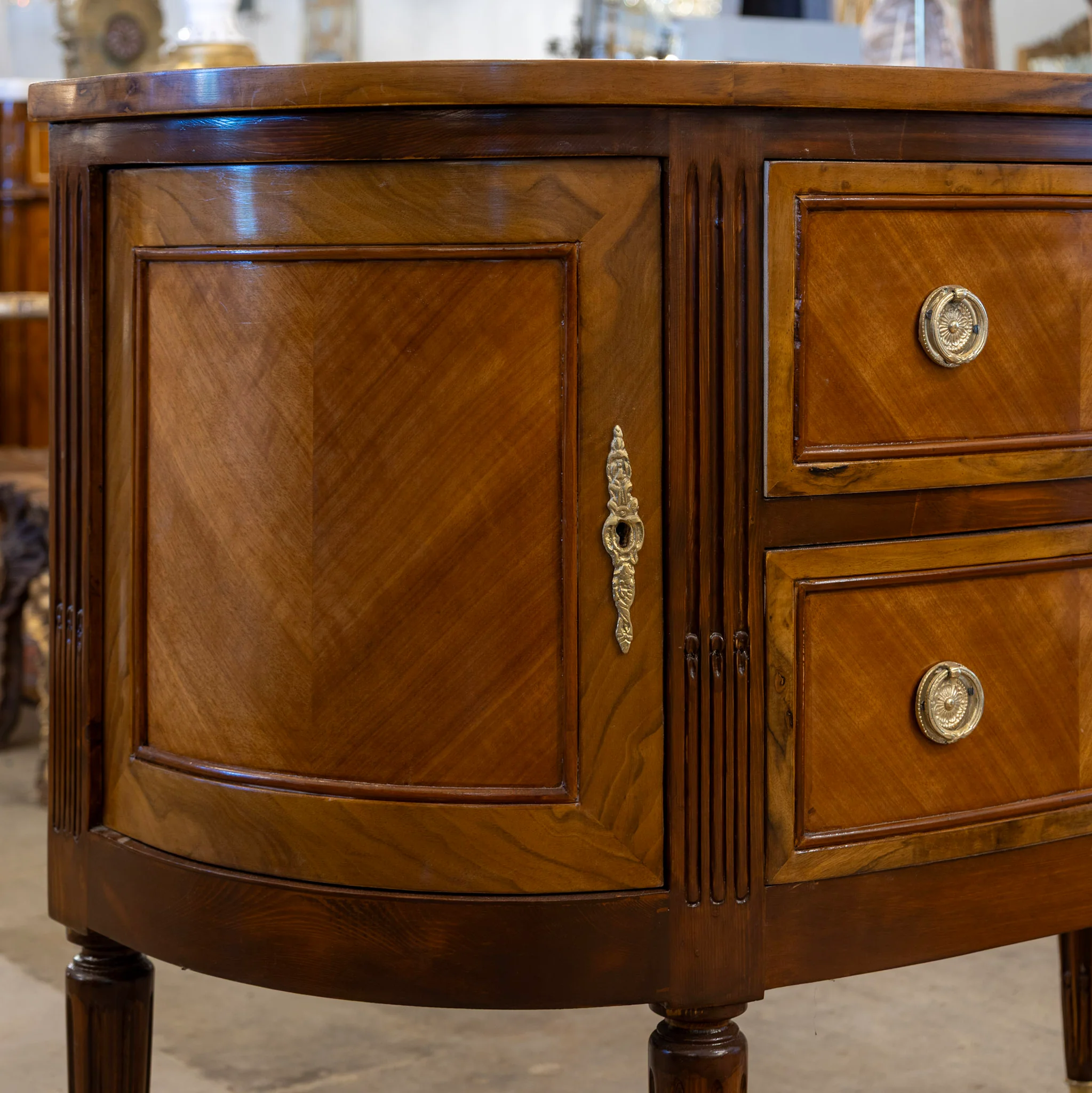 Louis XVI Demilune Chest – Burl Wood with Brass Pulls - Image 5
