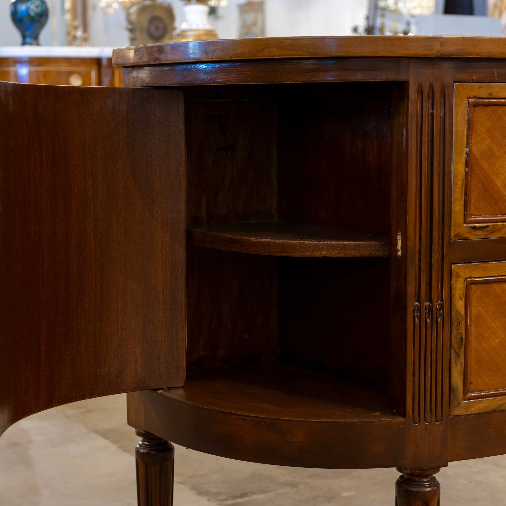 Louis XVI Demilune Chest – Burl Wood with Brass Pulls - Image 6