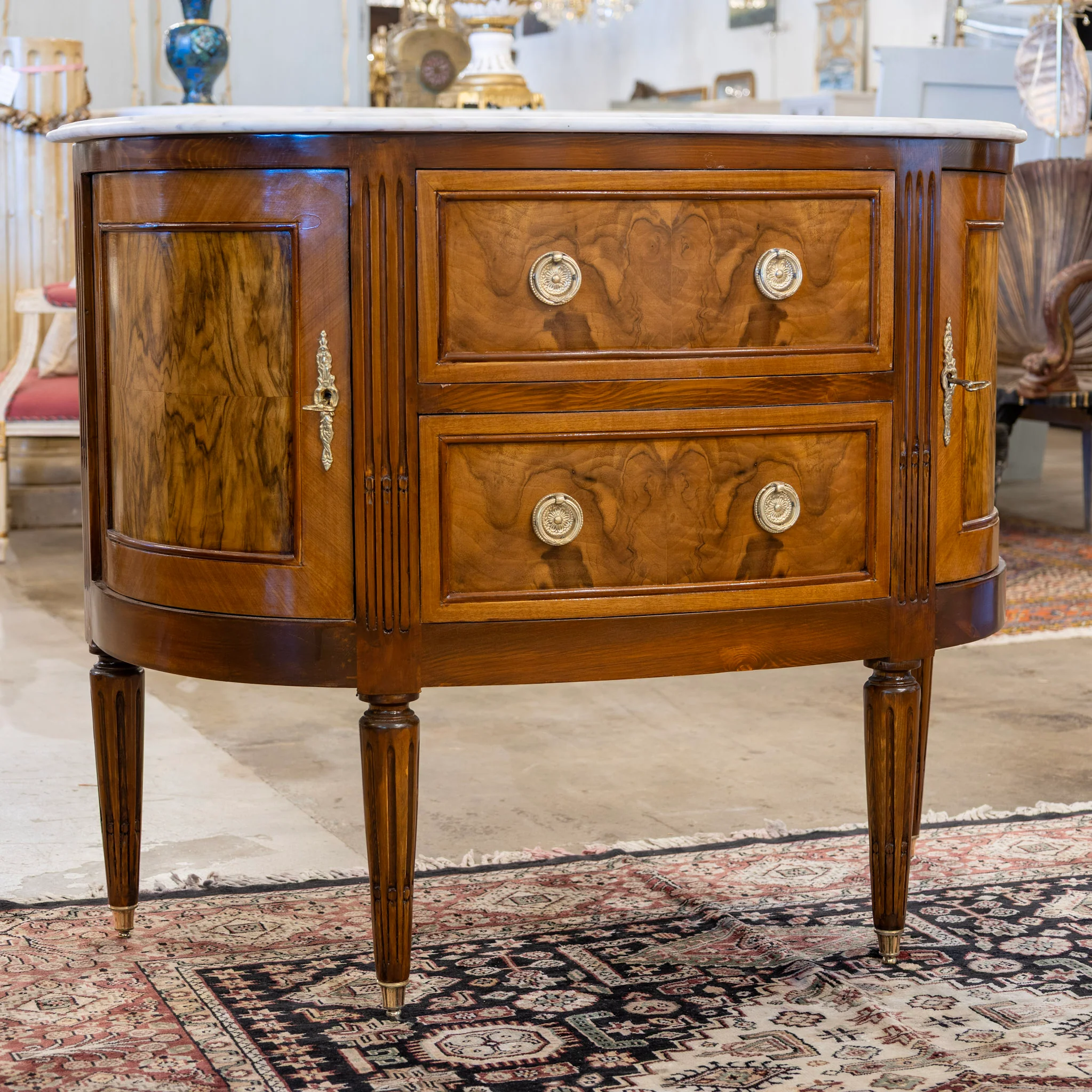 Louis XVI Demilune Chest – Burl Wood with White Marble Top - Image 3