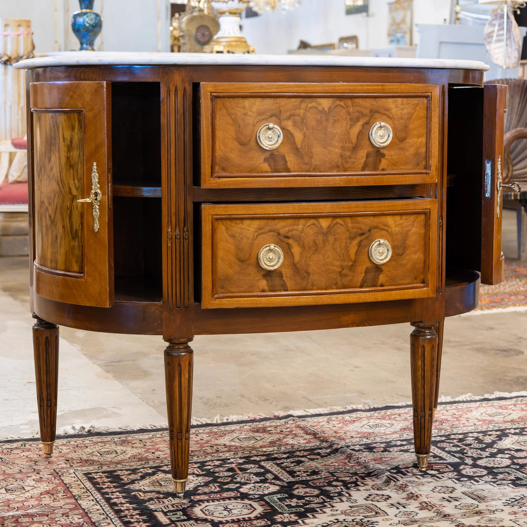 Louis XVI Demilune Chest – Burl Wood with White Marble Top - Image 4