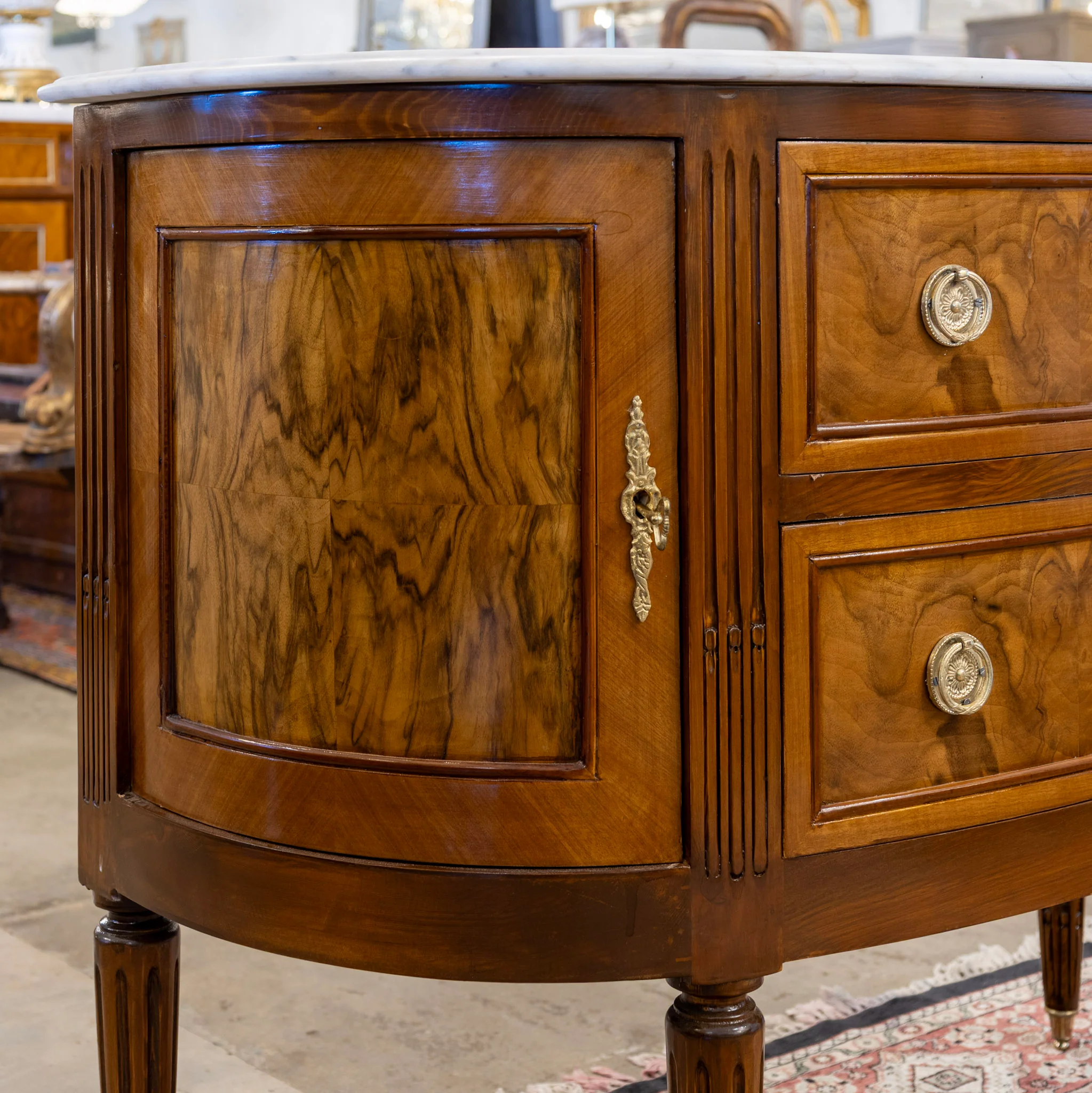 Louis XVI Demilune Chest – Burl Wood with White Marble Top - Image 5