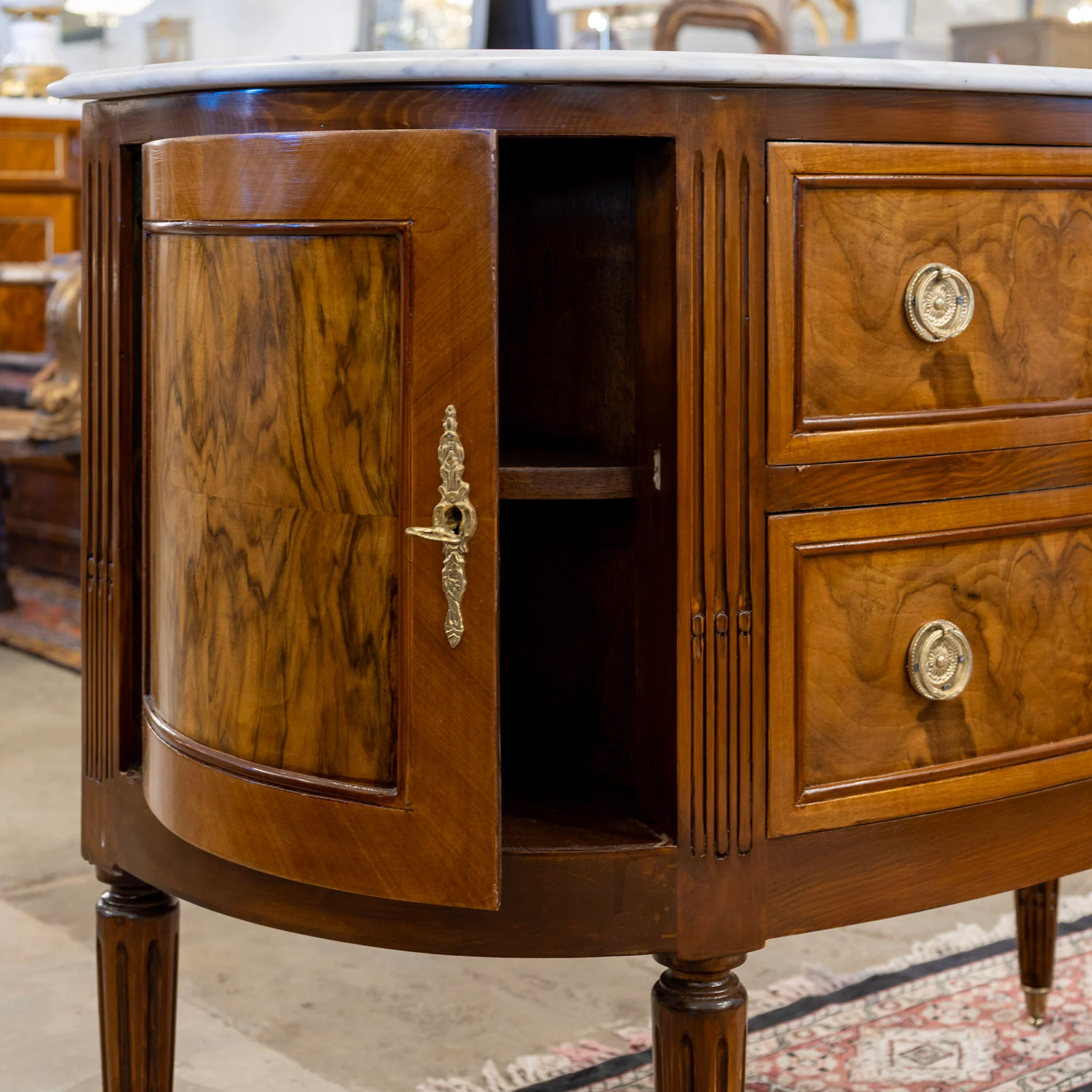 Louis XVI Demilune Chest – Burl Wood with White Marble Top - Image 6