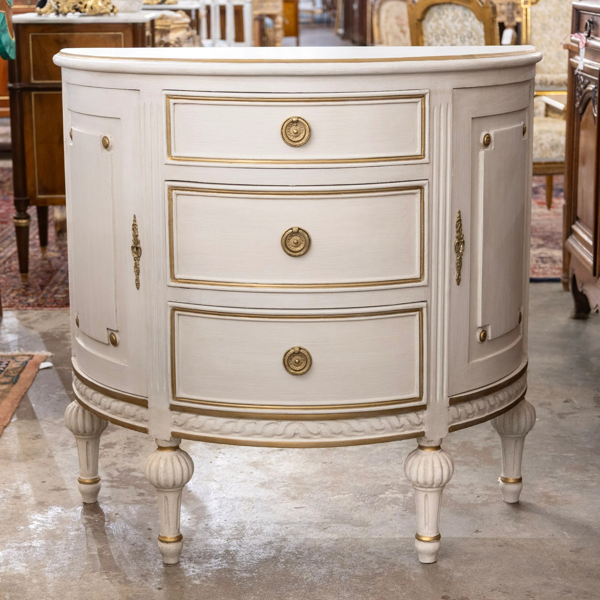 Swedish Demilune Chest – White with Gold Trim