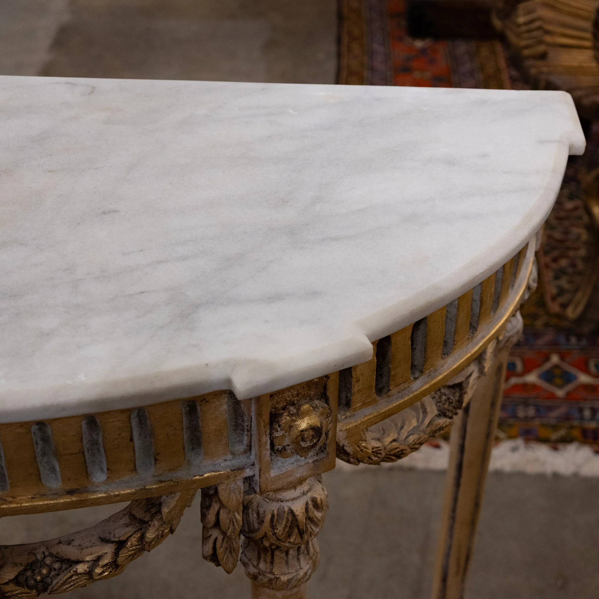 Louis XVI Demilune Console – Gilded Carvings with White Marble Top - Image 10