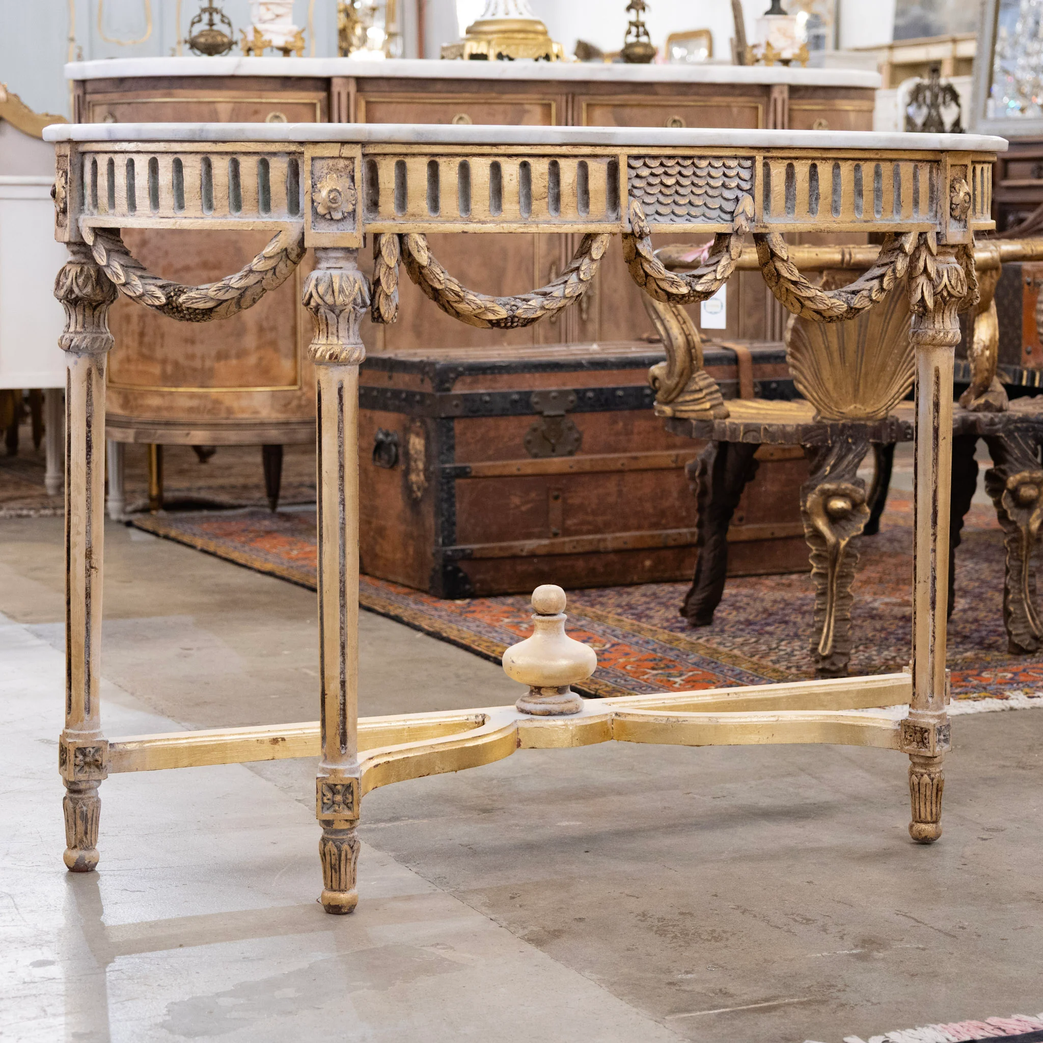 Louis XVI Demilune Console – Gilded Carvings with White Marble Top - Image 2