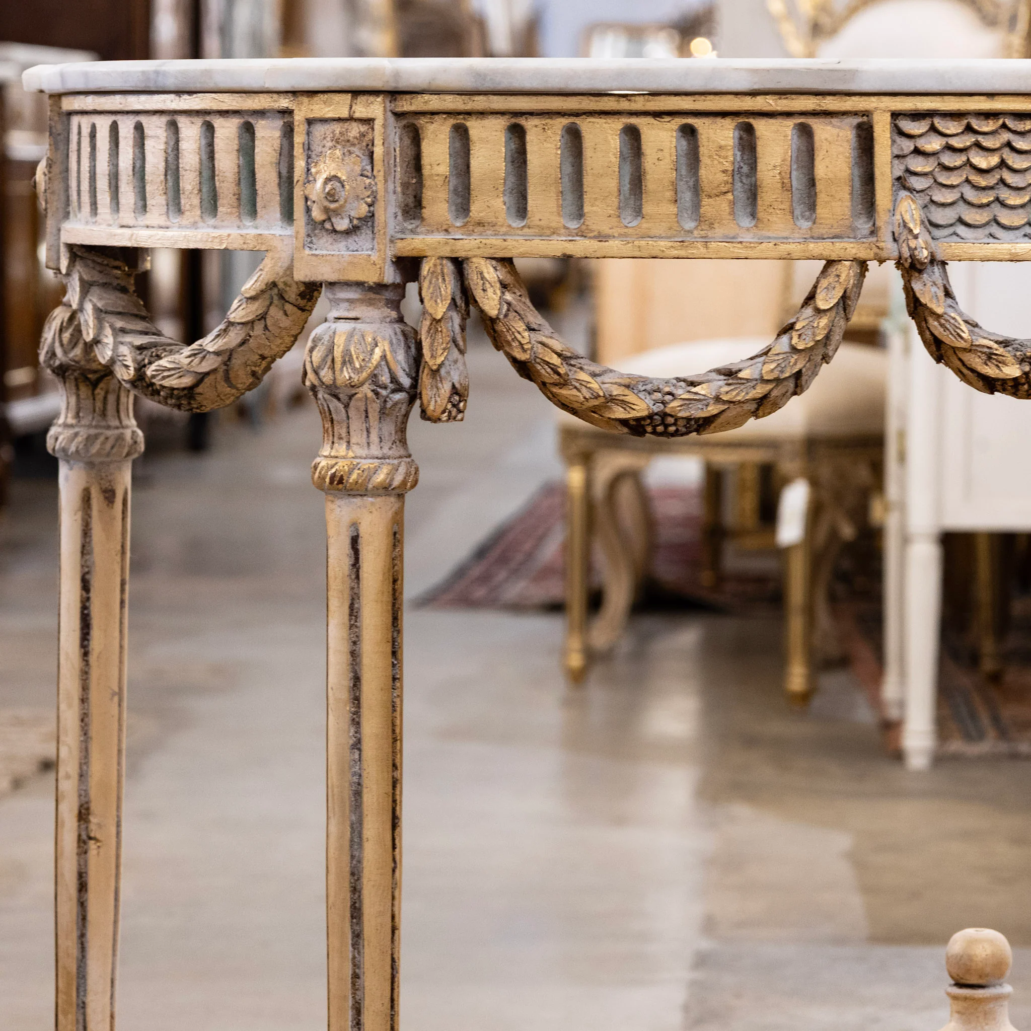 Louis XVI Demilune Console – Gilded Carvings with White Marble Top - Image 4