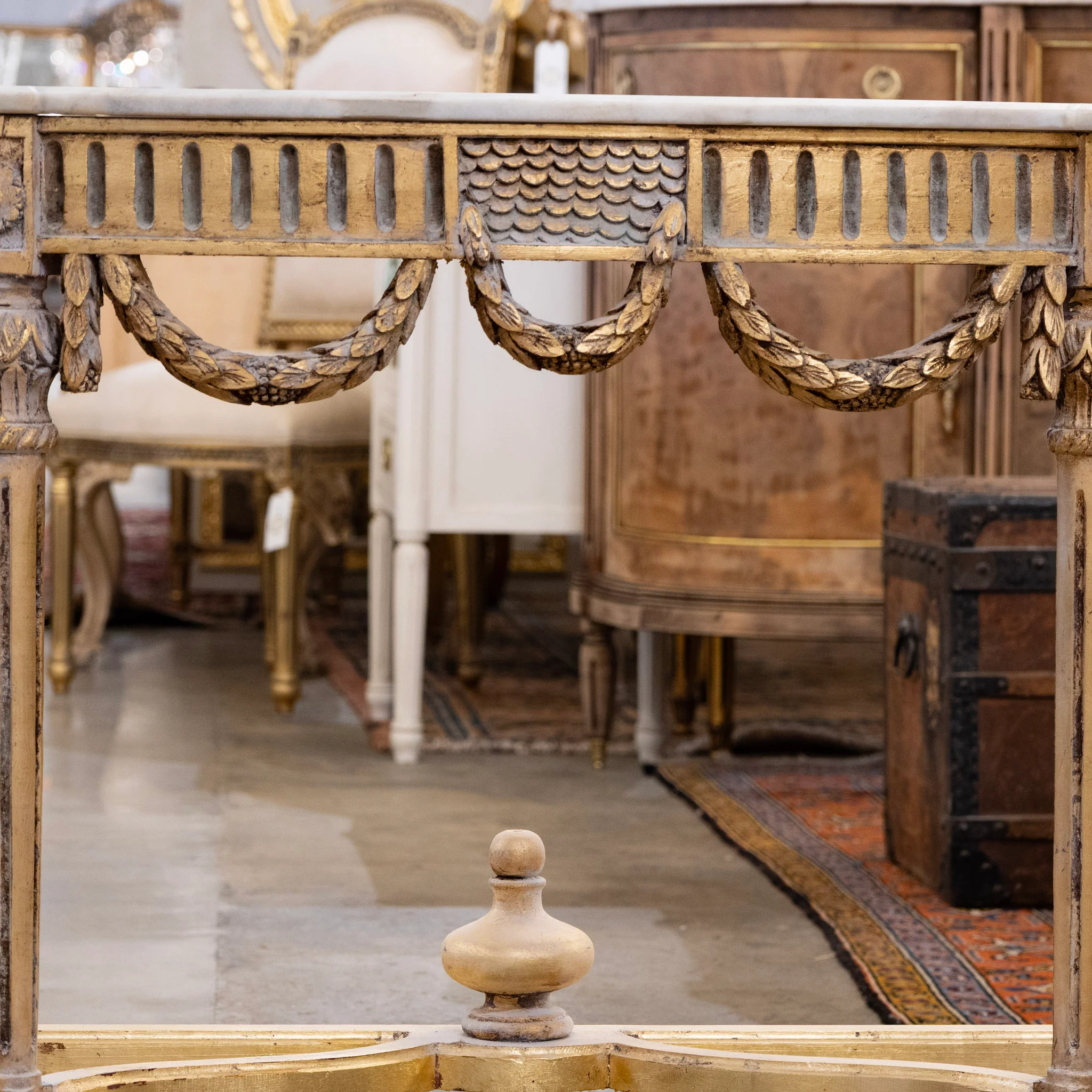 Louis XVI Demilune Console – Gilded Carvings with White Marble Top - Image 5