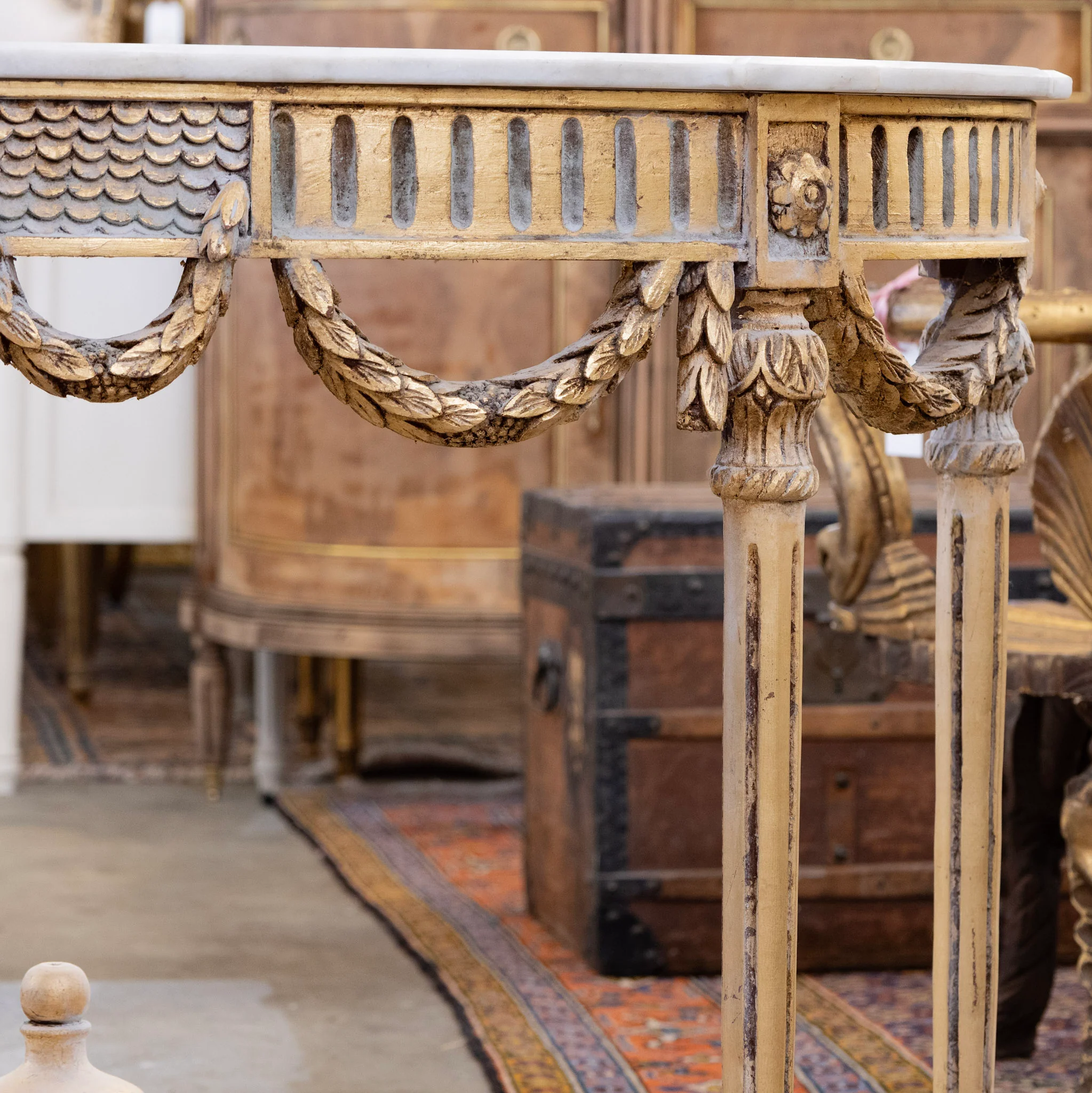 Louis XVI Demilune Console – Gilded Carvings with White Marble Top - Image 6