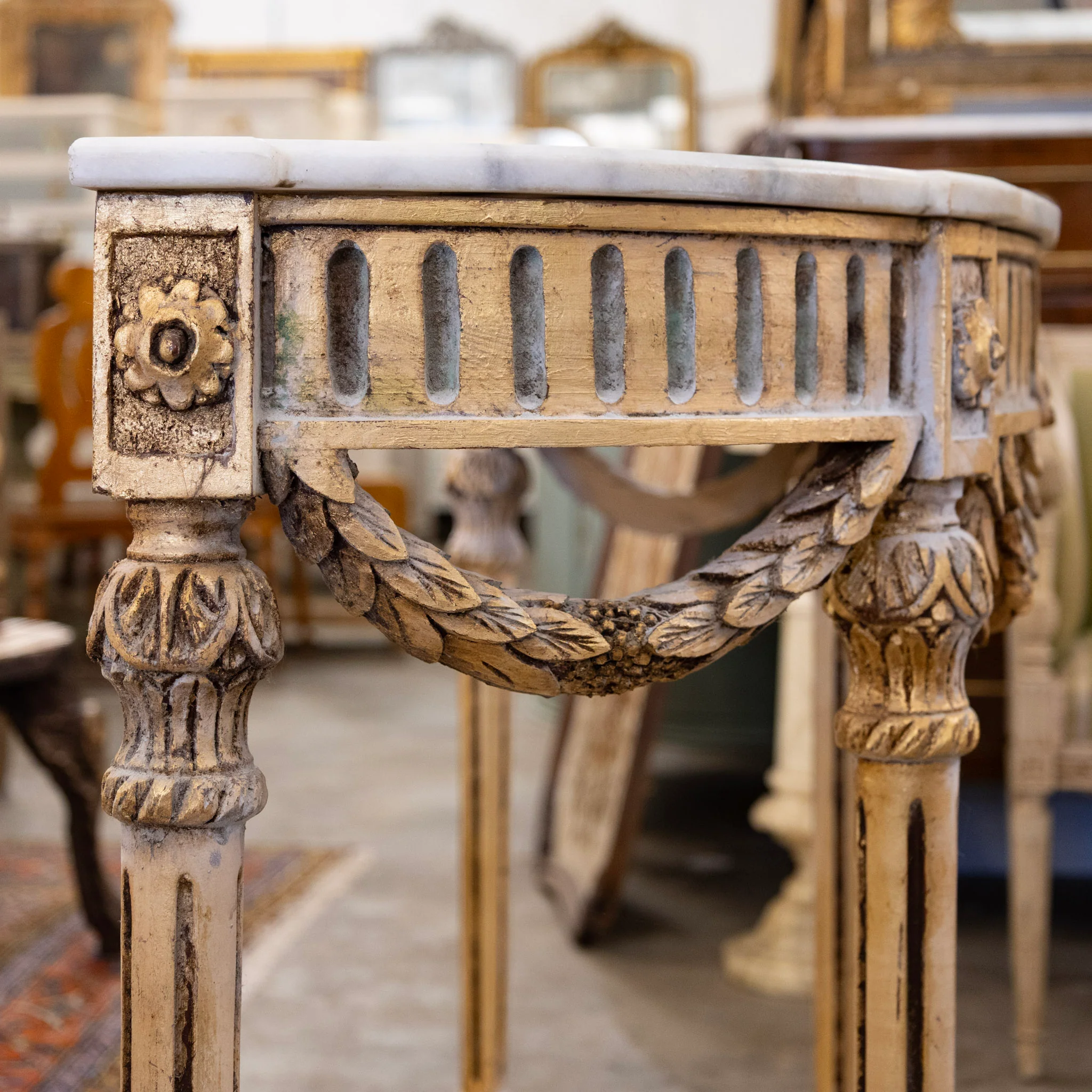 Louis XVI Demilune Console – Gilded Carvings with White Marble Top - Image 7