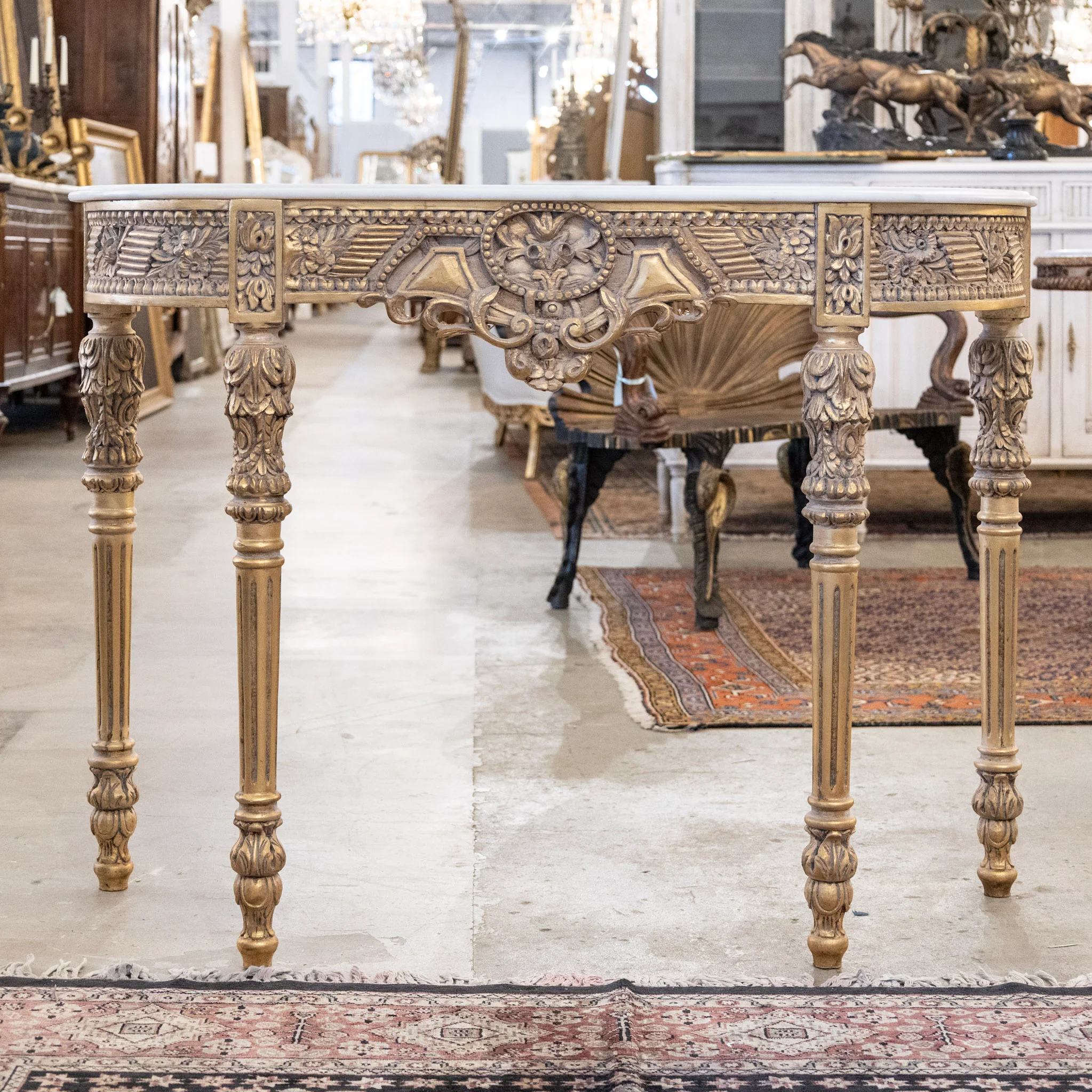 Louis XVI Demilune Console – Gilded Ornate Carved Trim with White Marble Top