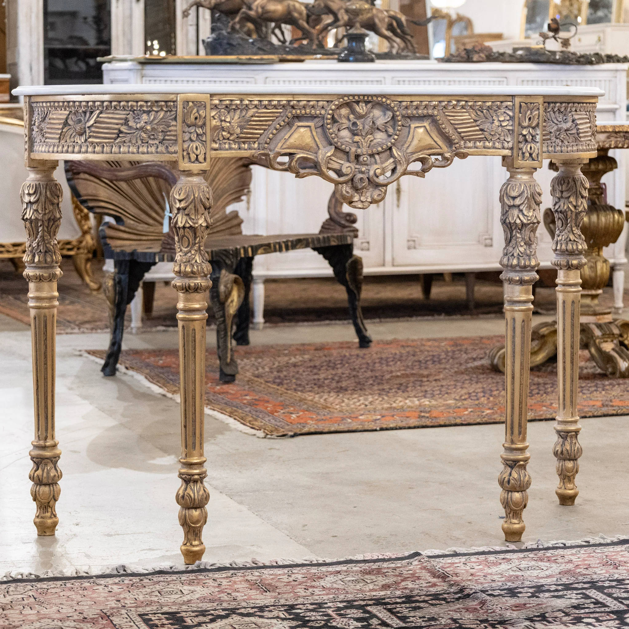 Louis XVI Demilune Console – Gilded Ornate Carved Trim with White Marble Top - Image 2
