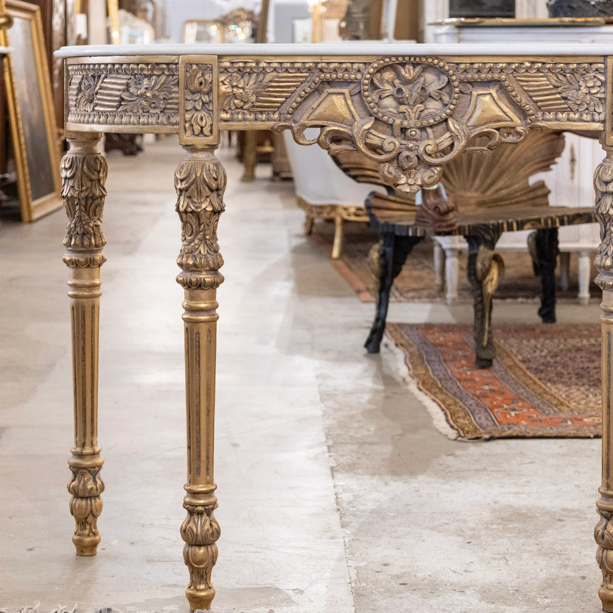 Louis XVI Demilune Console – Gilded Ornate Carved Trim with White Marble Top - Image 3