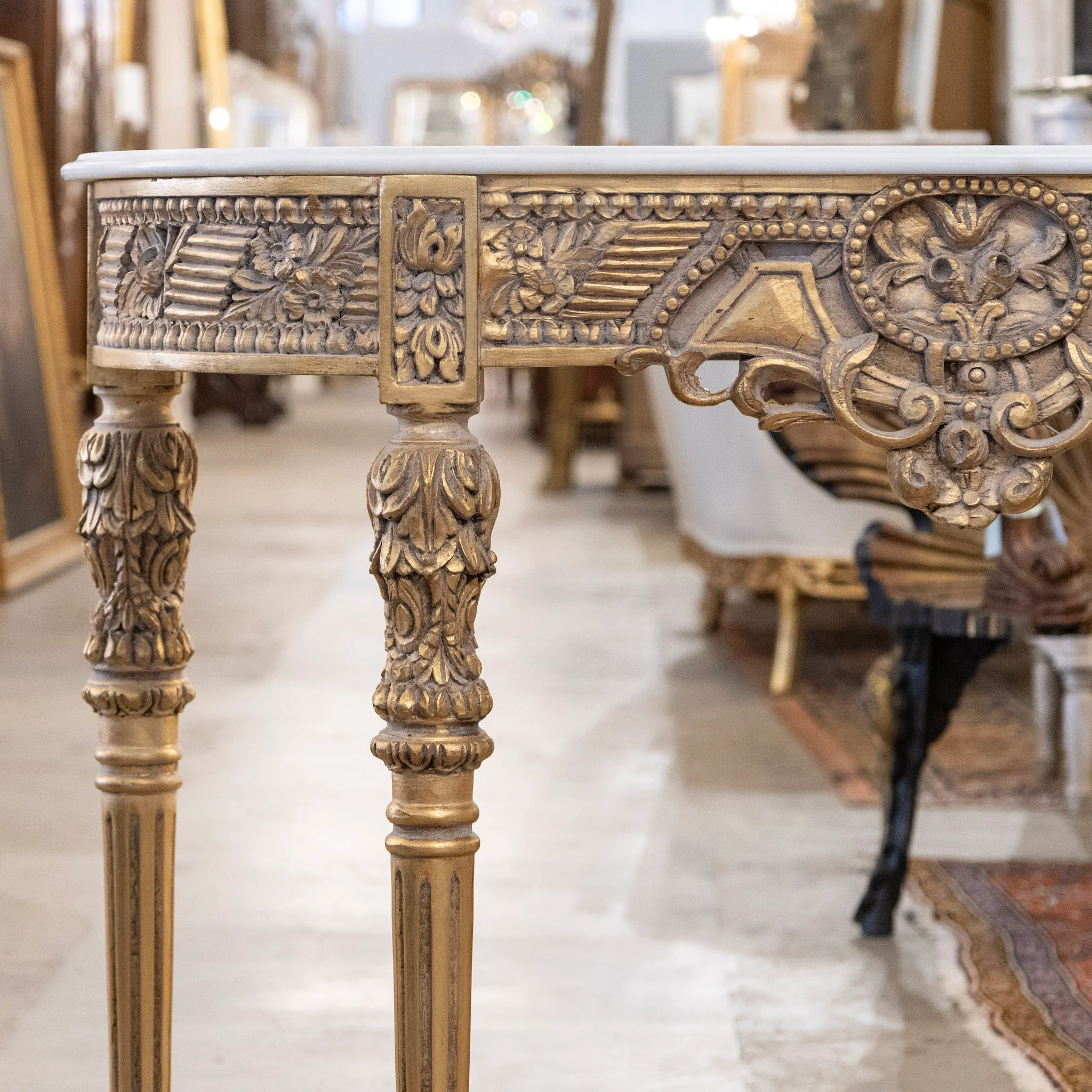 Louis XVI Demilune Console – Gilded Ornate Carved Trim with White Marble Top - Image 4