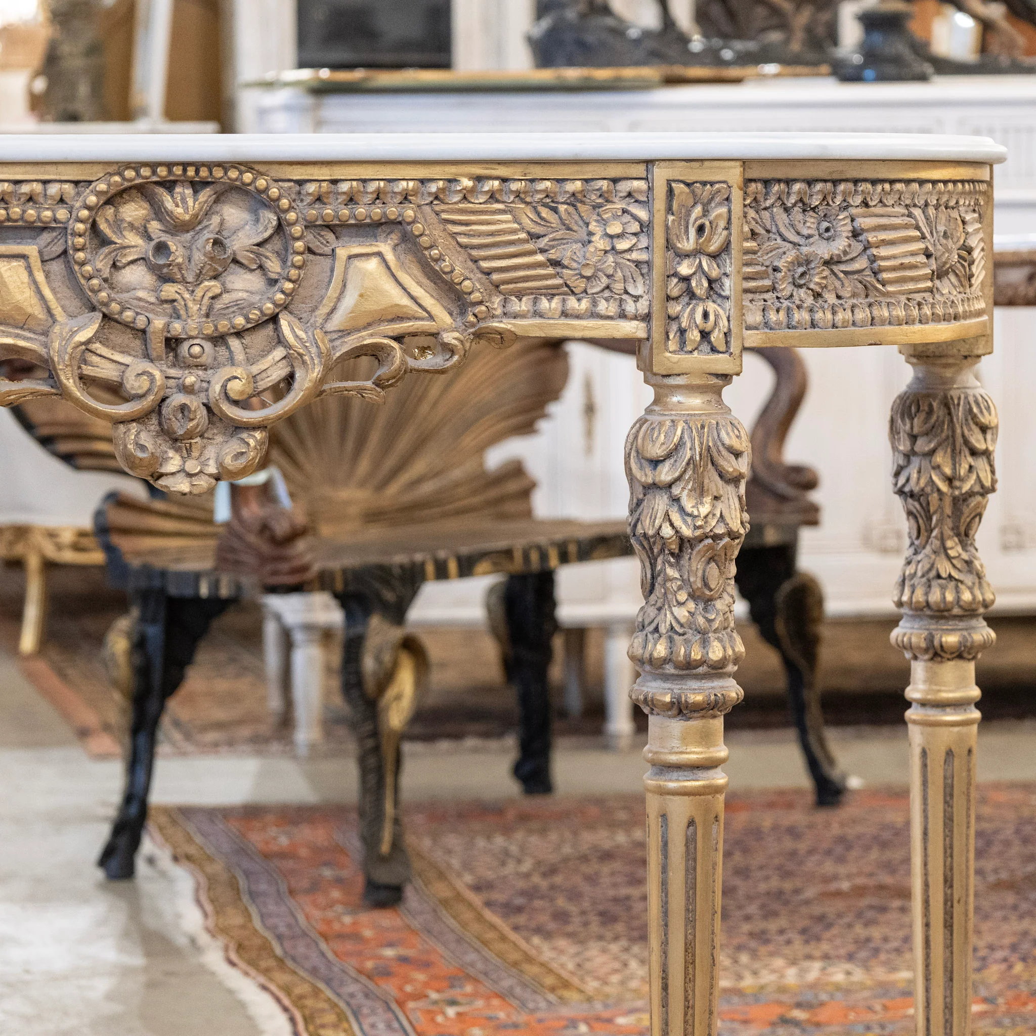 Louis XVI Demilune Console – Gilded Ornate Carved Trim with White Marble Top - Image 5