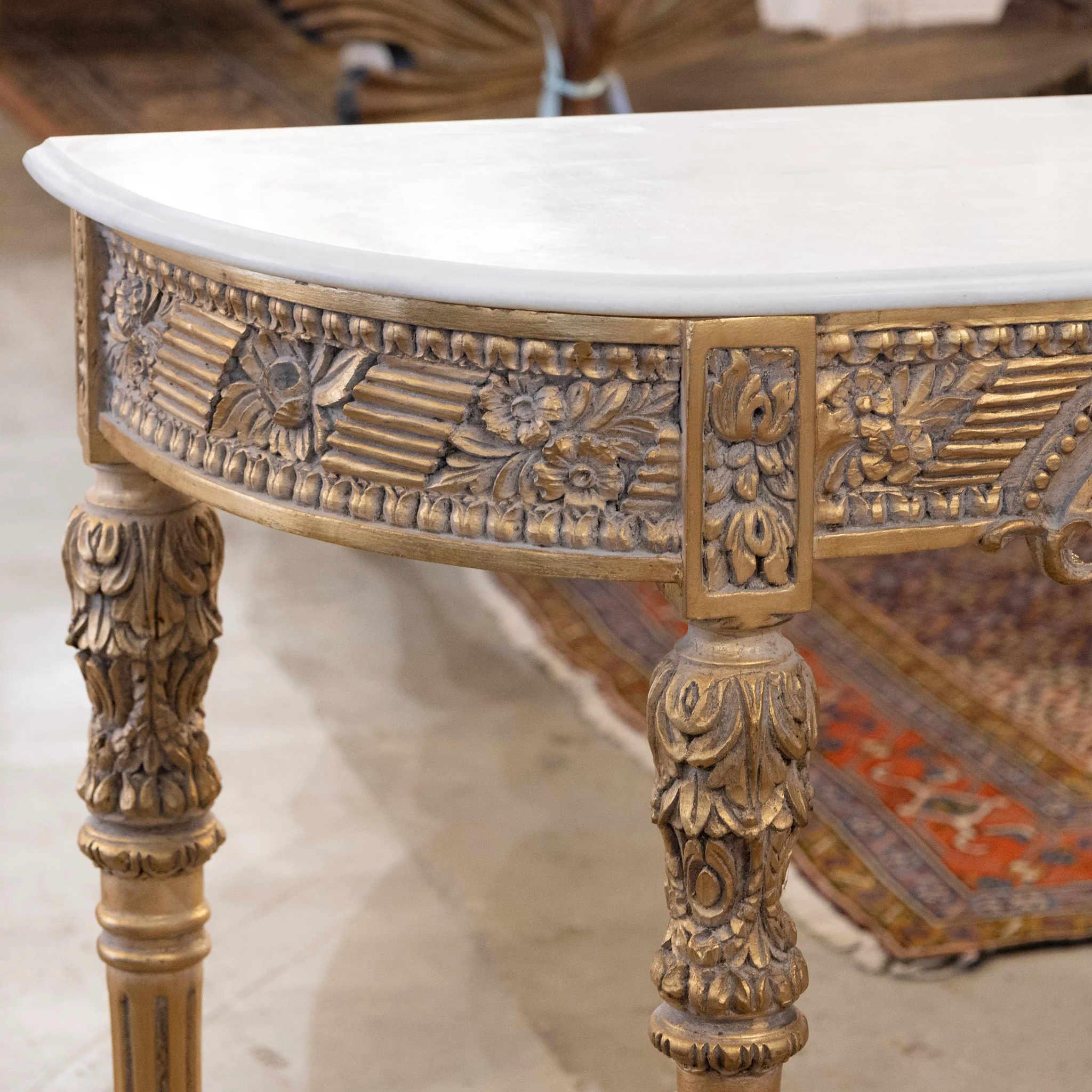 Louis XVI Demilune Console – Gilded Ornate Carved Trim with White Marble Top - Image 6