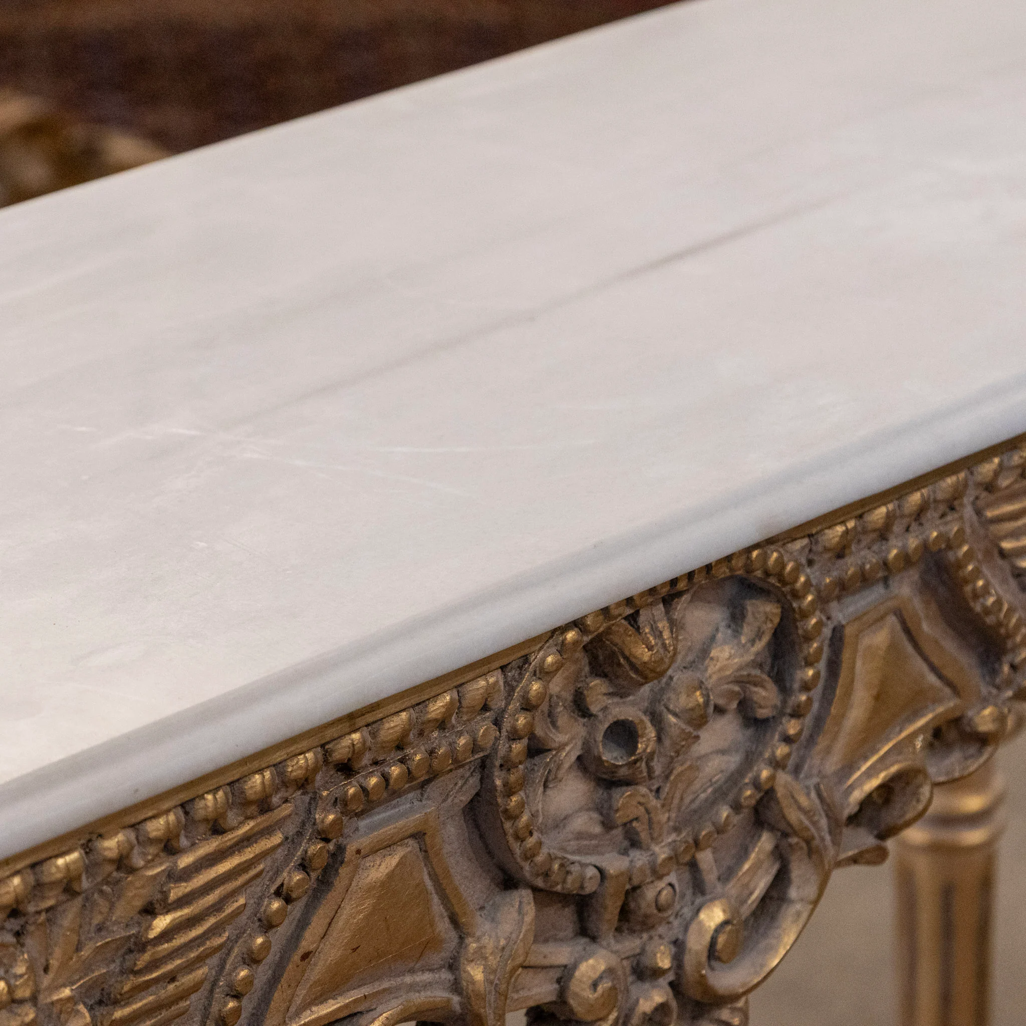 Louis XVI Demilune Console – Gilded Ornate Carved Trim with White Marble Top - Image 7